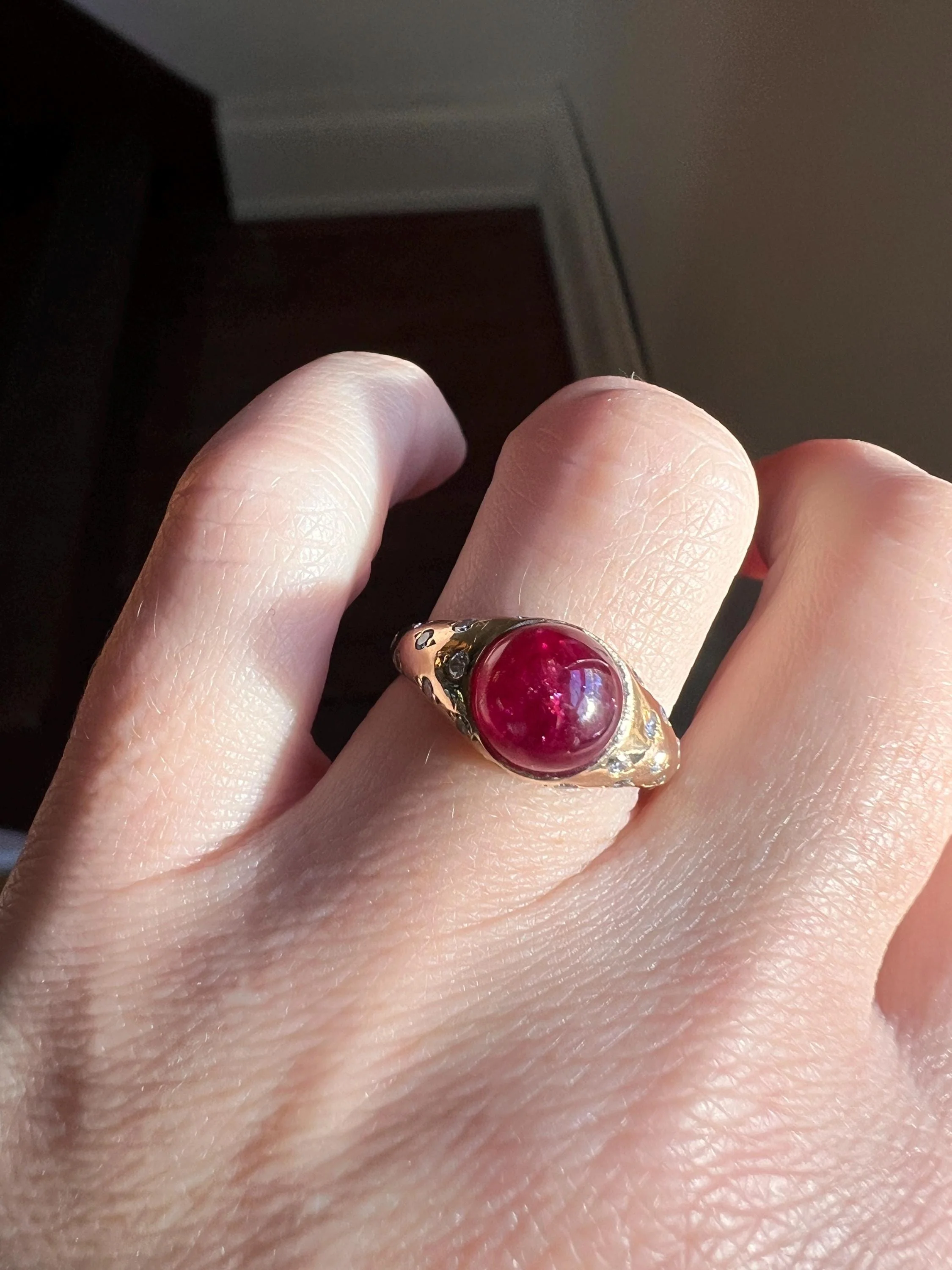 Tall Vintage Pink Ruby Diamond Encrusted Domed Gypsy Ring 18k Gold French Glowing Cabochon - Image 6