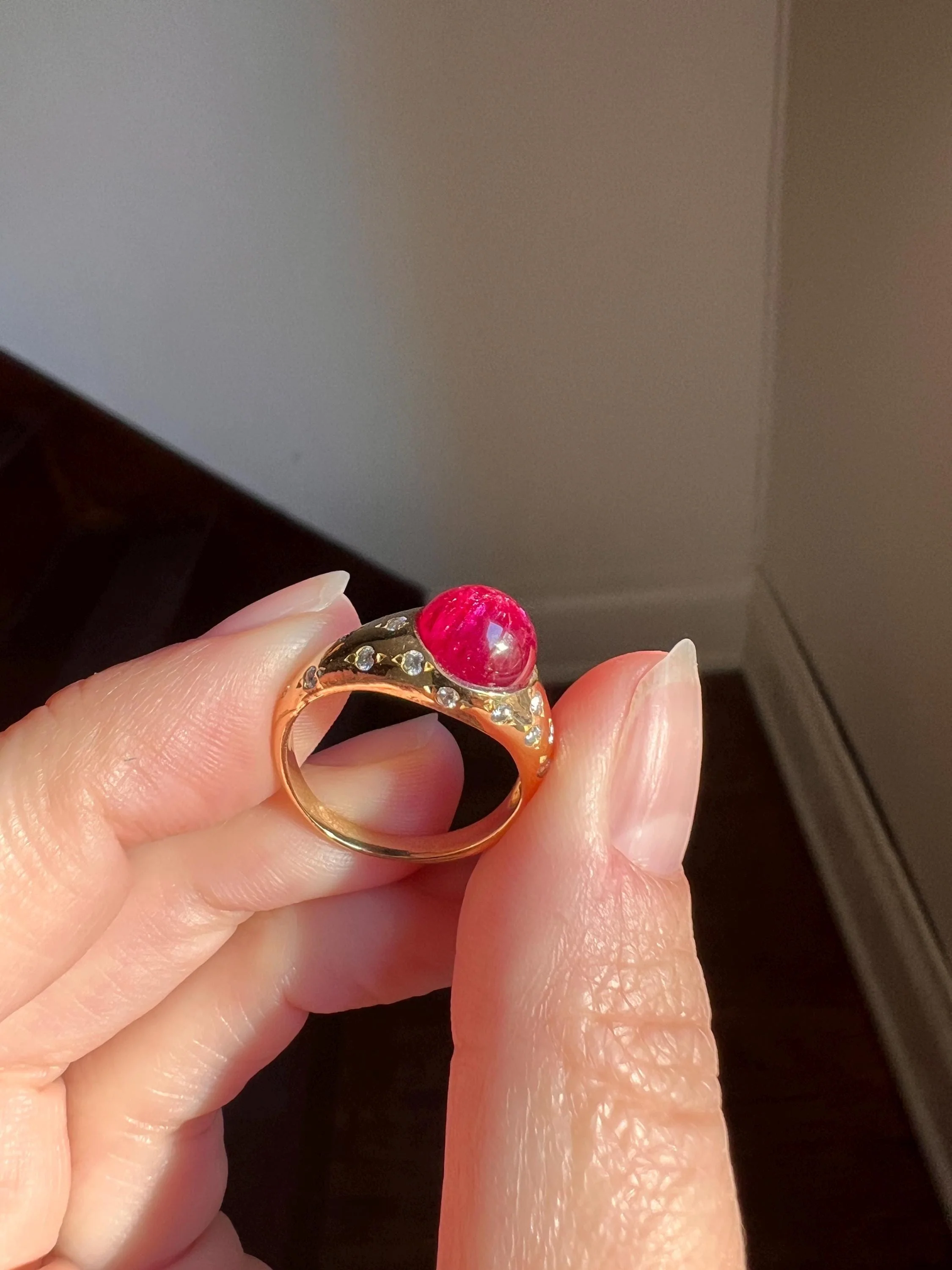 Tall Vintage Pink Ruby Diamond Encrusted Domed Gypsy Ring 18k Gold French Glowing Cabochon - Image 7