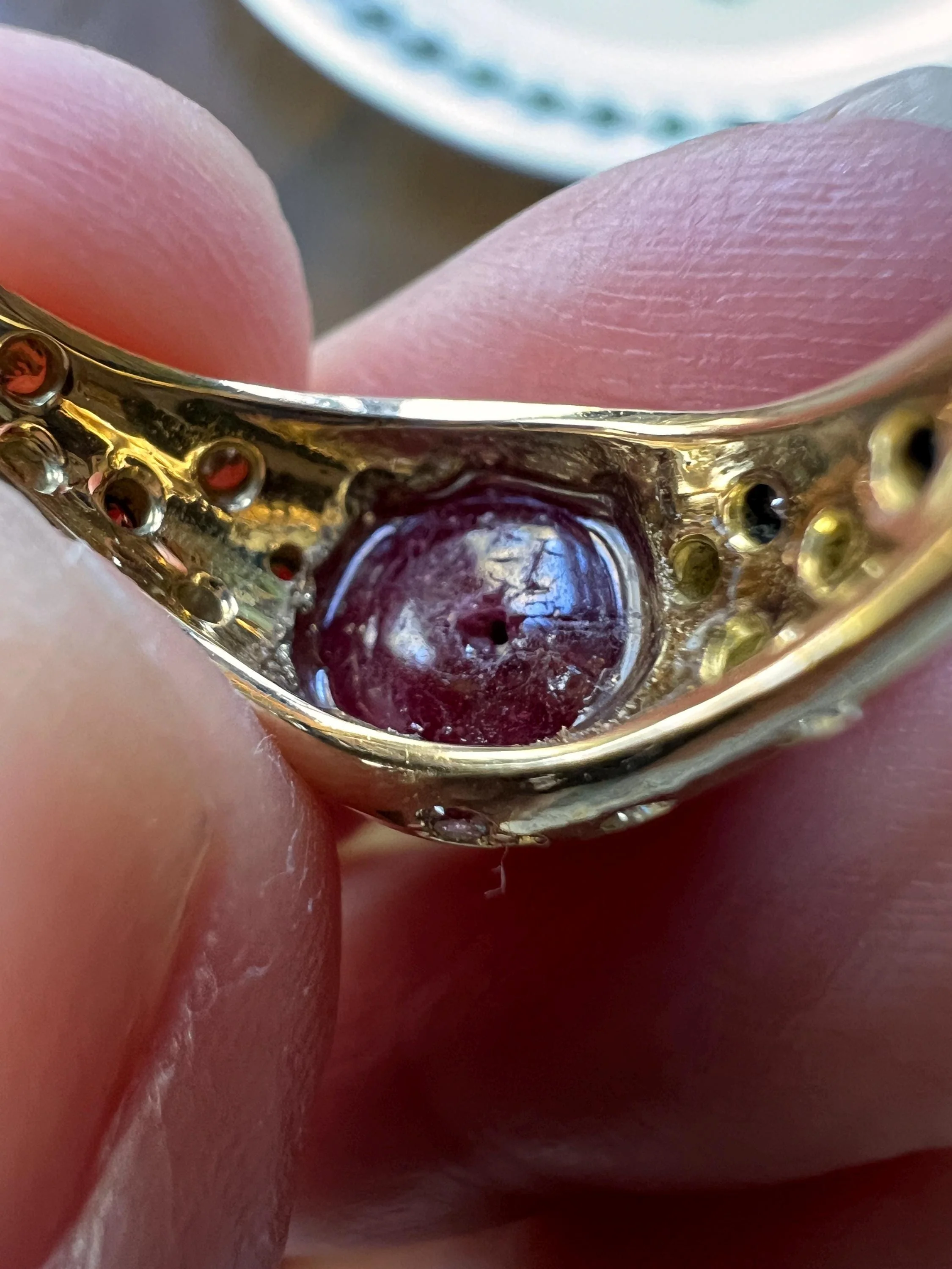 Tall Vintage Pink Ruby Diamond Encrusted Domed Gypsy Ring 18k Gold French Glowing Cabochon - Image 9