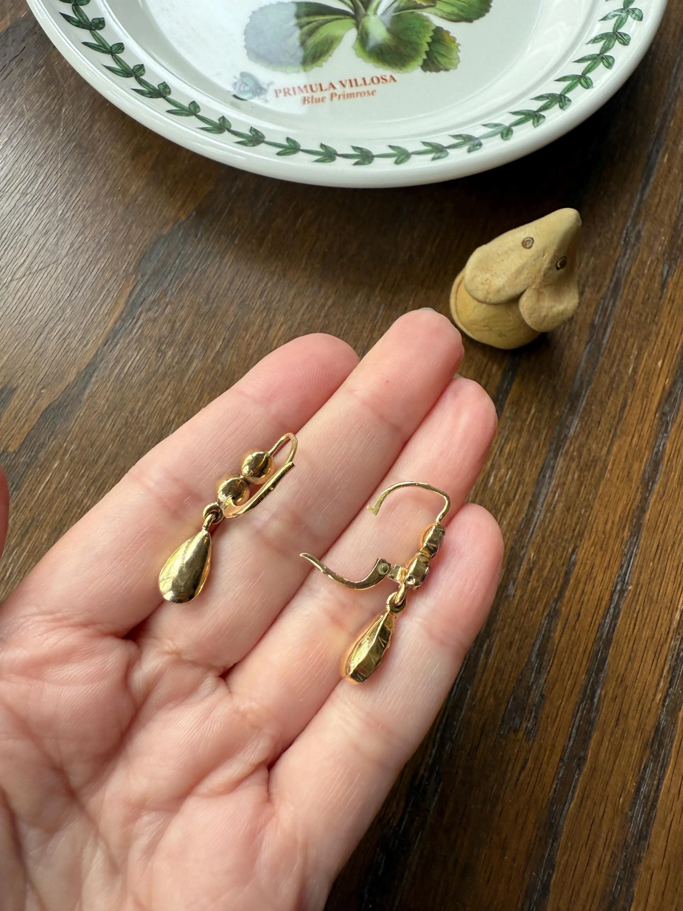 Teardrop DANGLES French Antique PERPIGNAN GARNET Earrings 18k Gold Bezel Set Three Stone French Dormeuse - Image 10