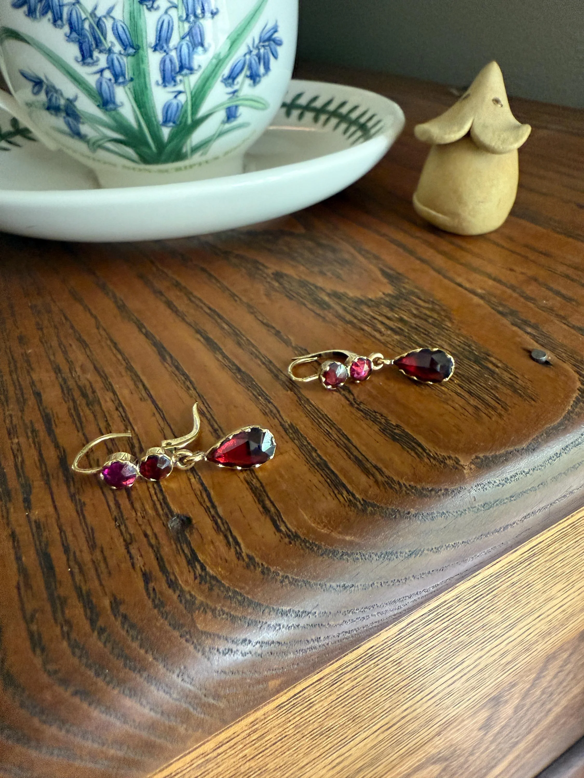 Teardrop DANGLES French Antique PERPIGNAN GARNET Earrings 18k Gold Bezel Set Three Stone French Dormeuse - Image 11