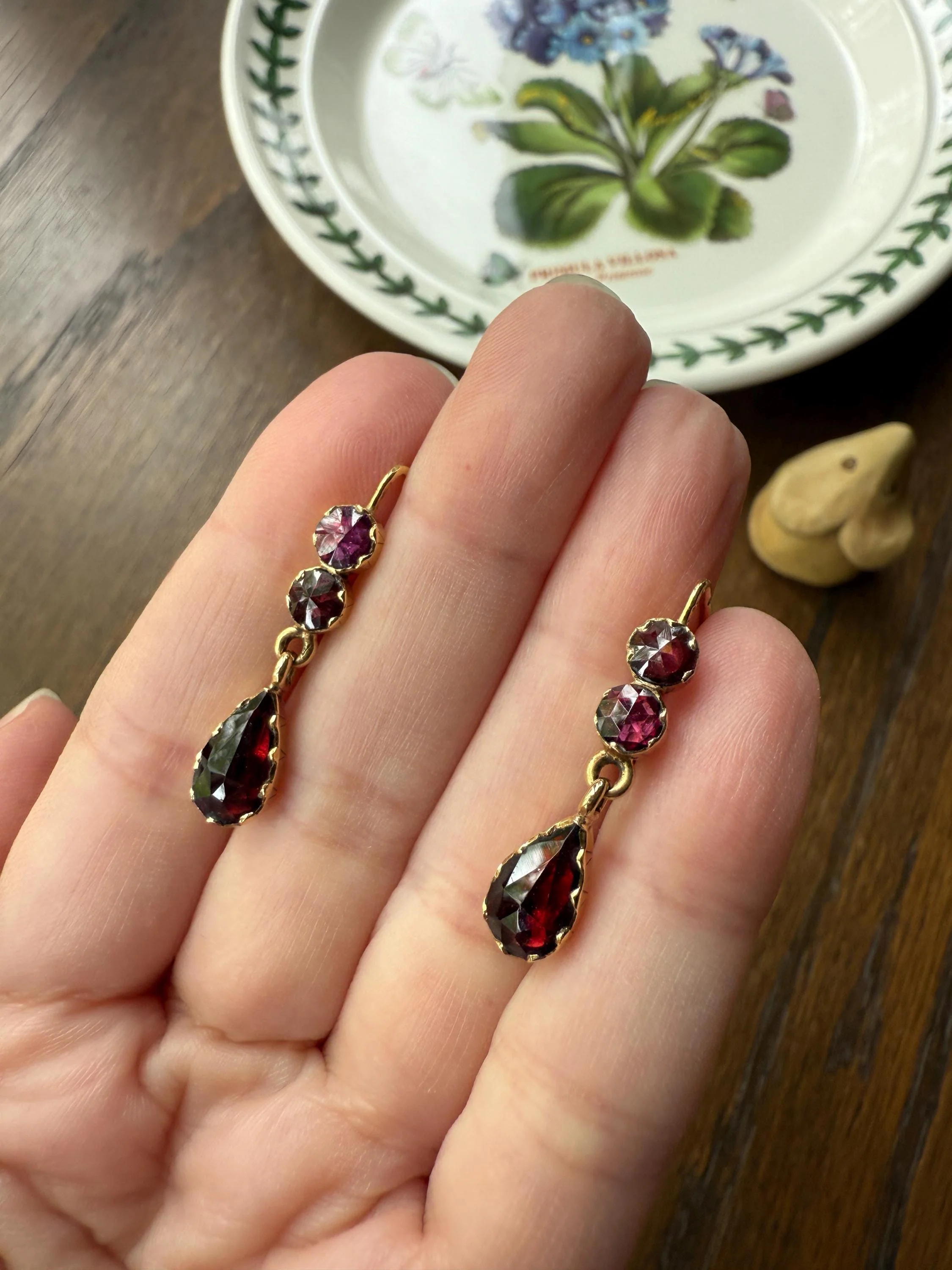 Teardrop DANGLES French Antique PERPIGNAN GARNET Earrings 18k Gold Bezel Set Three Stone French Dormeuse - Image 3