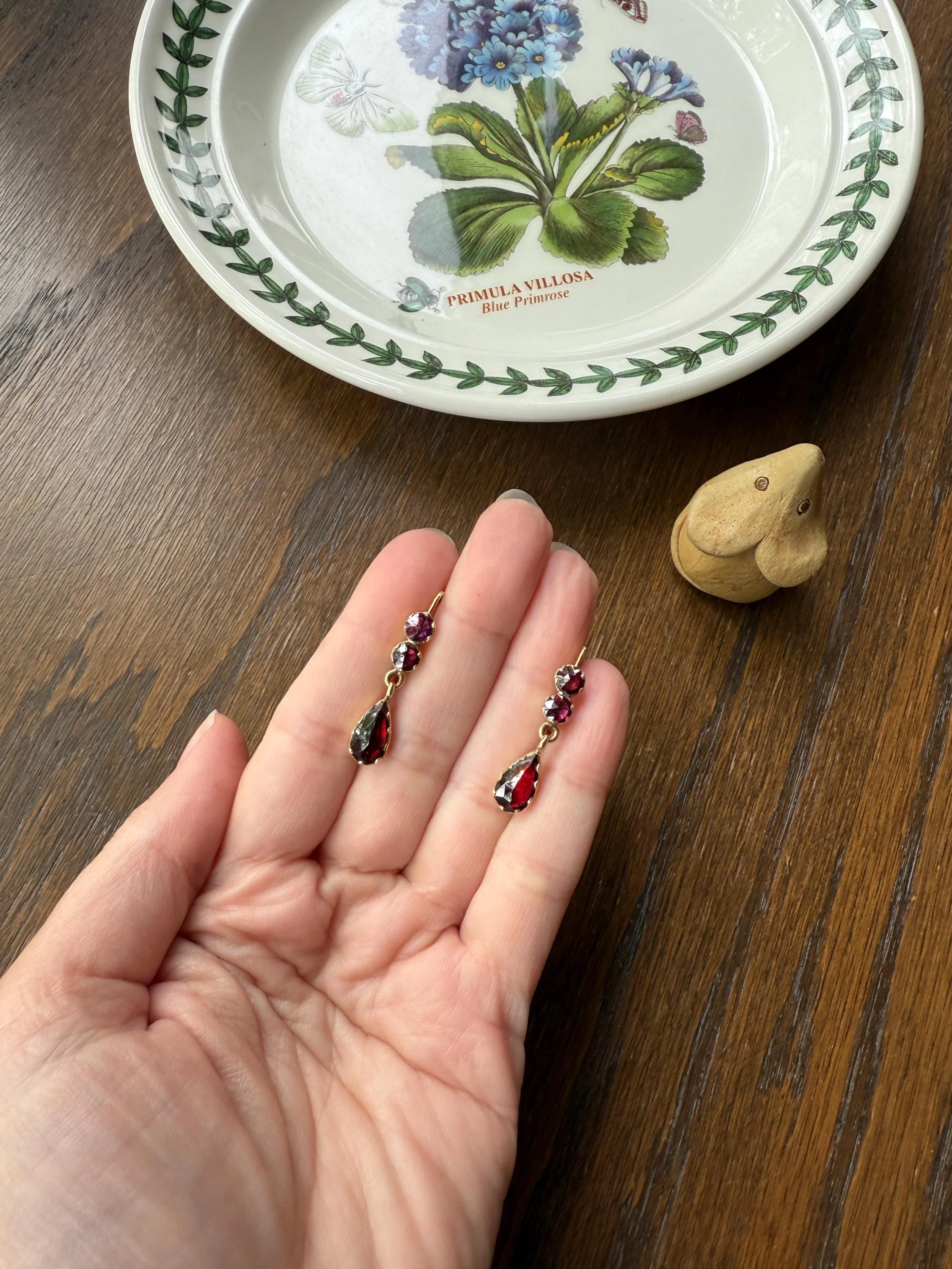 Teardrop DANGLES French Antique PERPIGNAN GARNET Earrings 18k Gold Bezel Set Three Stone French Dormeuse - Image 5