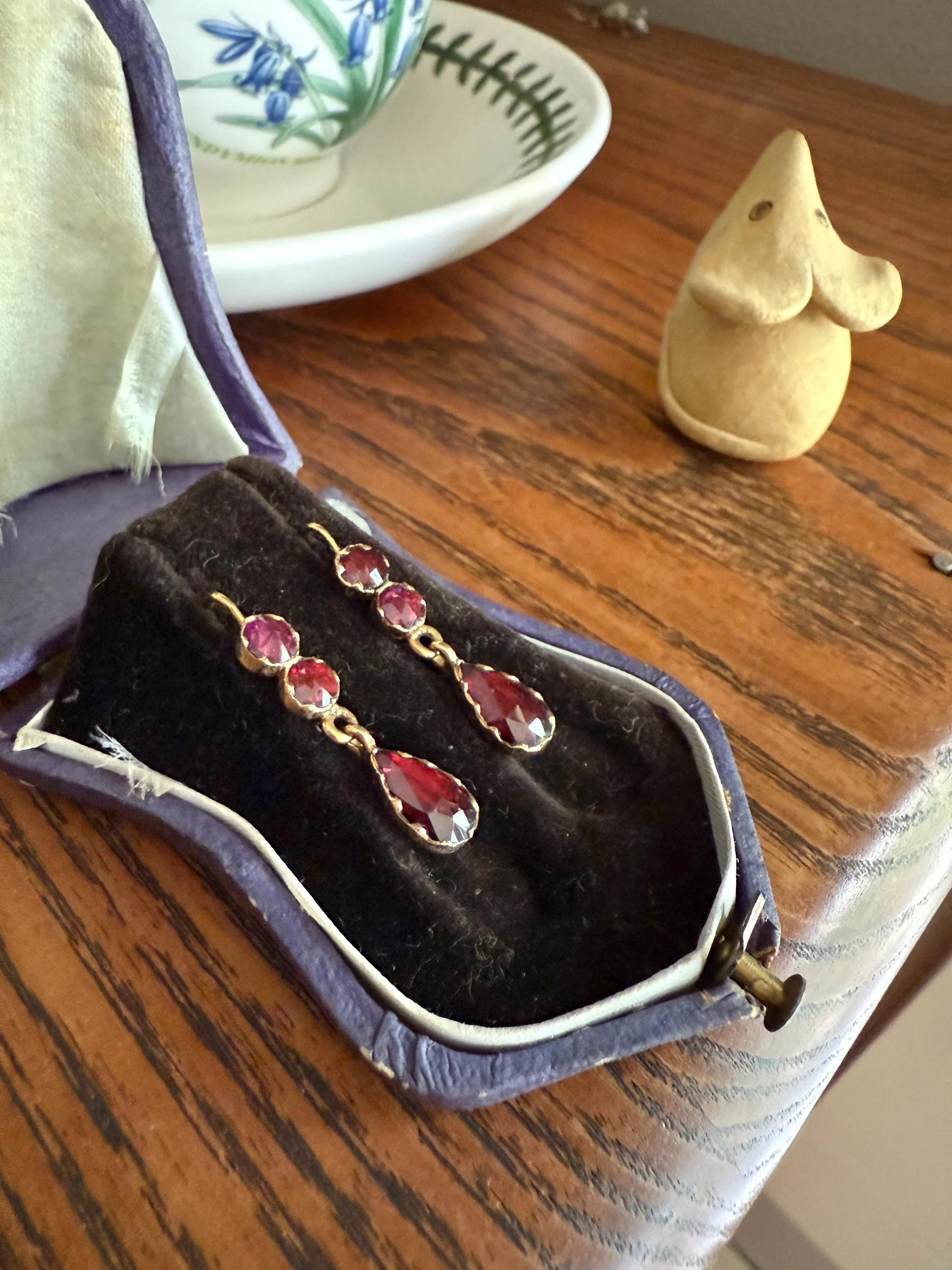 Teardrop DANGLES French Antique PERPIGNAN GARNET Earrings 18k Gold Bezel Set Three Stone French Dormeuse - Image 6