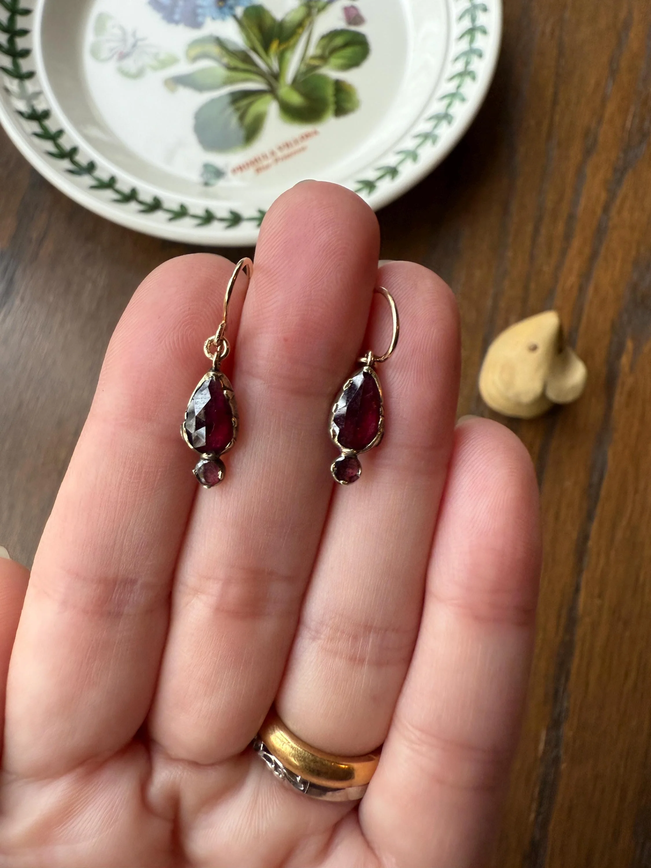 Teardrop Dangles Antique PERPIGNAN GARNET Earrings 18k Gold 14k Ear Wires French Dormouse Rose Cut Closed Back Almandine Glowing - Image 10