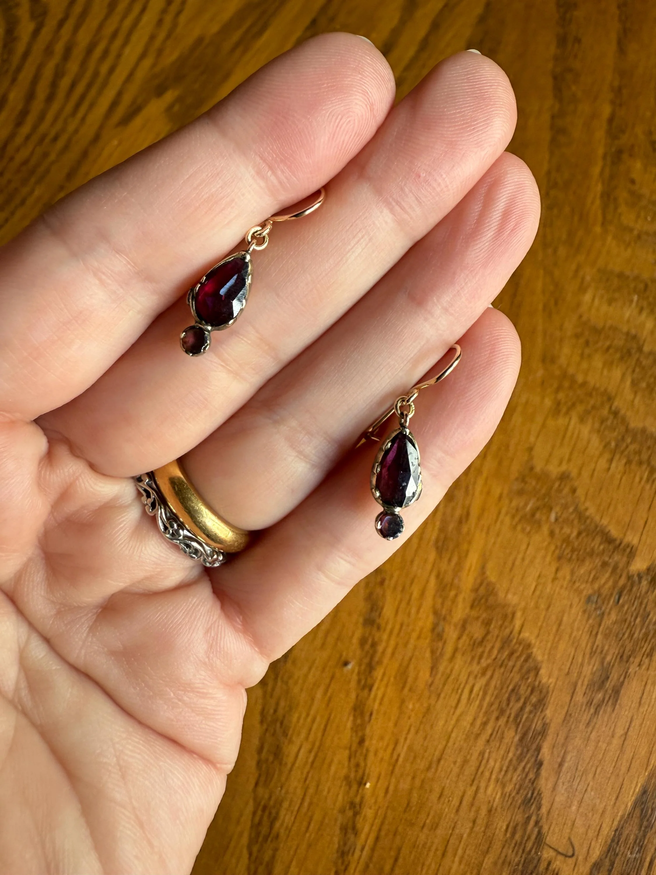 Teardrop Dangles Antique PERPIGNAN GARNET Earrings 18k Gold 14k Ear Wires French Dormouse Rose Cut Closed Back Almandine Glowing - Image 11