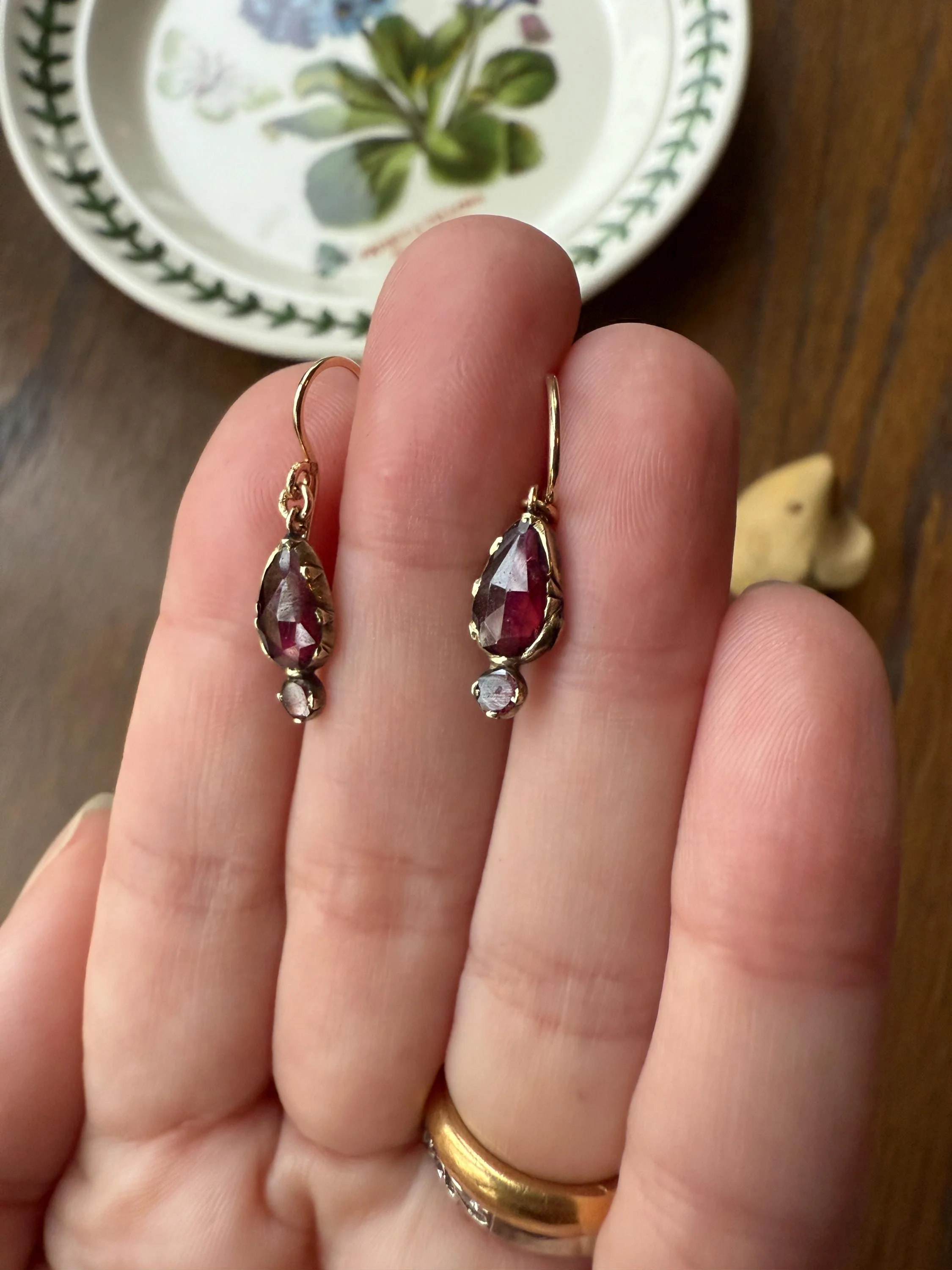 Teardrop Dangles Antique PERPIGNAN GARNET Earrings 18k Gold 14k Ear Wires French Dormouse Rose Cut Closed Back Almandine Glowing - Image 12