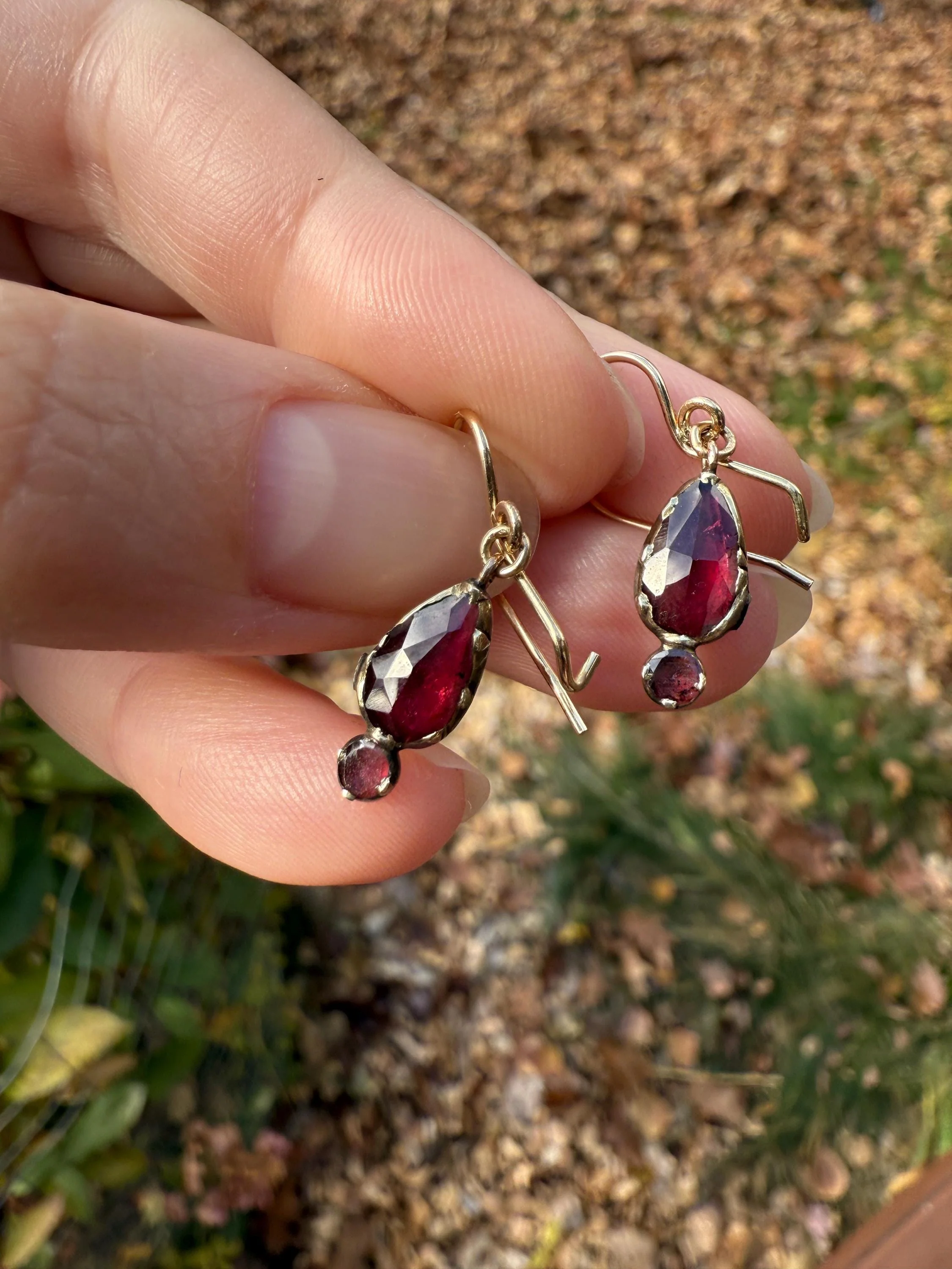 Teardrop Dangles Antique PERPIGNAN GARNET Earrings 18k Gold 14k Ear Wires French Dormouse Rose Cut Closed Back Almandine Glowing - Image 14