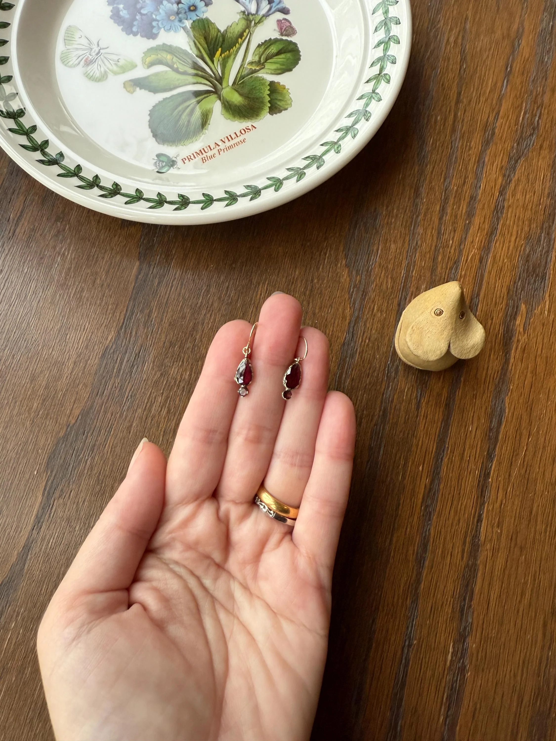 Teardrop Dangles Antique PERPIGNAN GARNET Earrings 18k Gold 14k Ear Wires French Dormouse Rose Cut Closed Back Almandine Glowing - Image 3