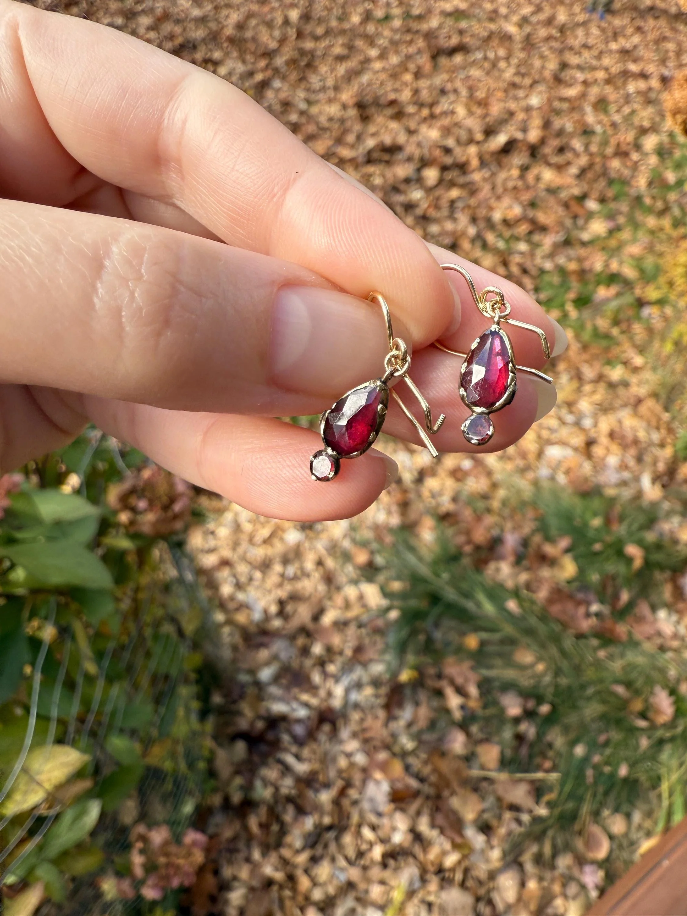 Teardrop Dangles Antique PERPIGNAN GARNET Earrings 18k Gold 14k Ear Wires French Dormouse Rose Cut Closed Back Almandine Glowing - Image 4