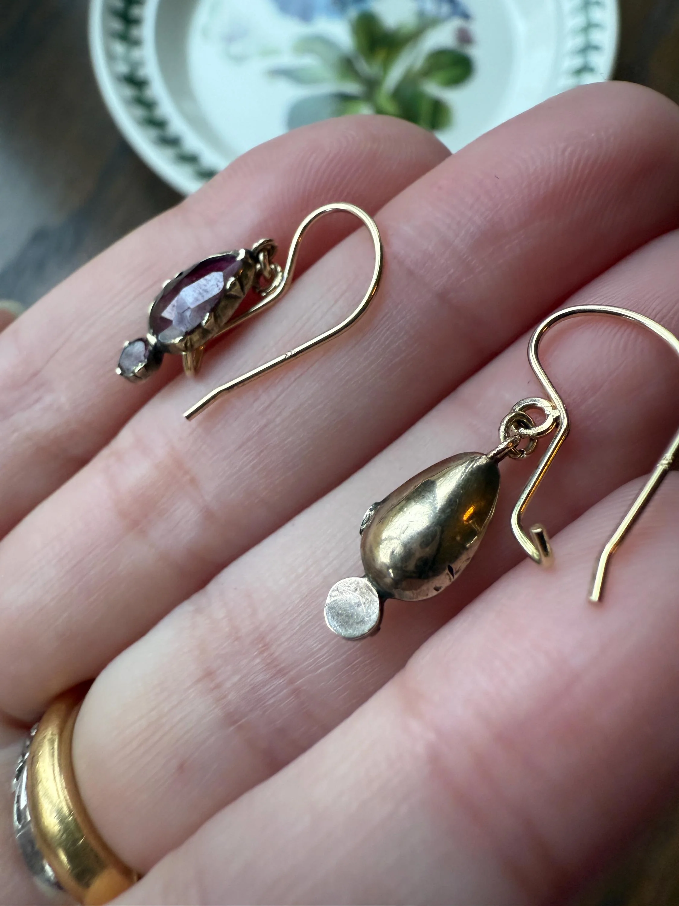 Teardrop Dangles Antique PERPIGNAN GARNET Earrings 18k Gold 14k Ear Wires French Dormouse Rose Cut Closed Back Almandine Glowing - Image 9