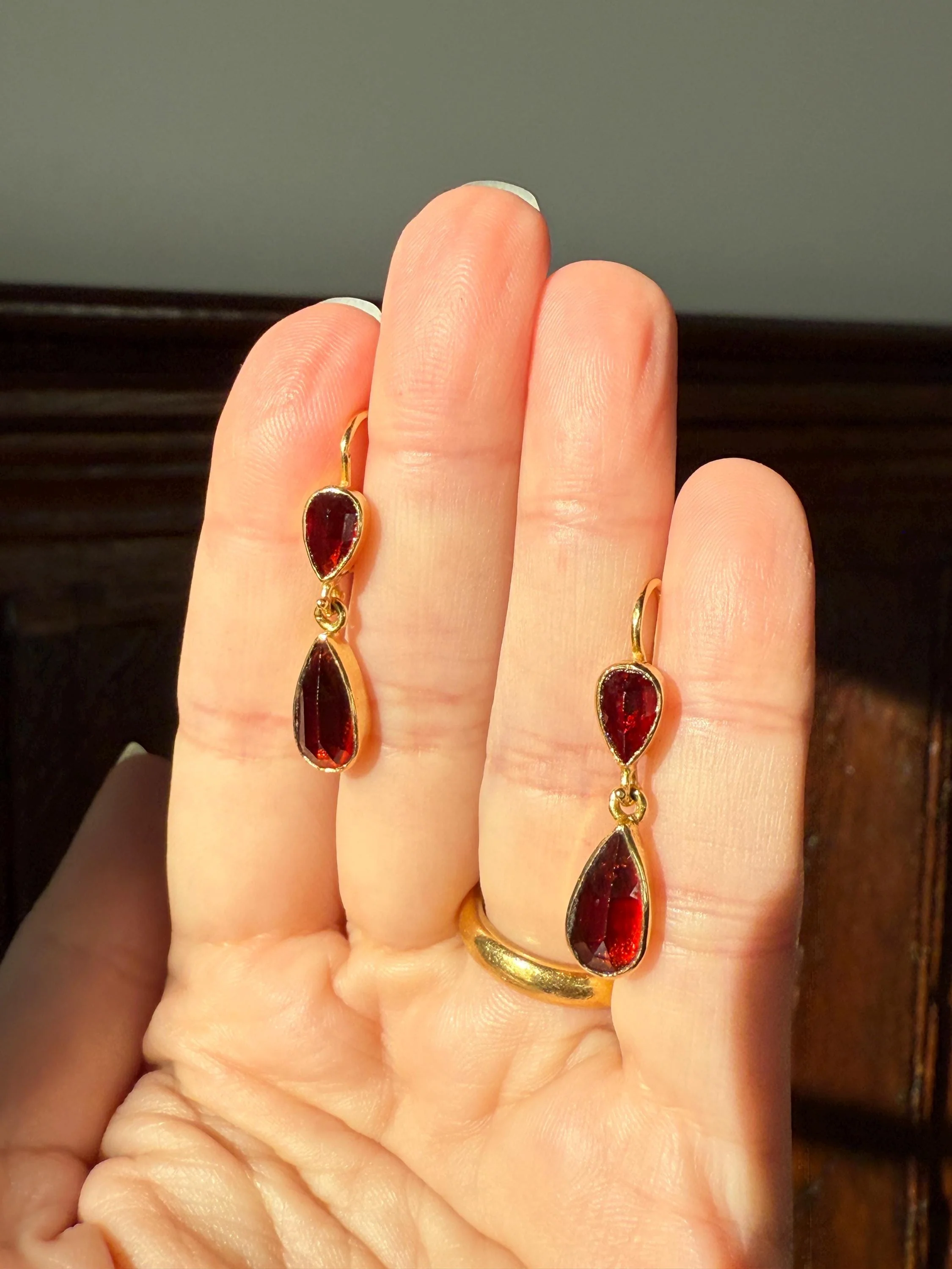 Teardrop Dangles Vintage Pear PERPIGNAN GARNET Earrings 18k Gold  French Dormouse Rose Cut Closed Back Crimson Red - Image 11