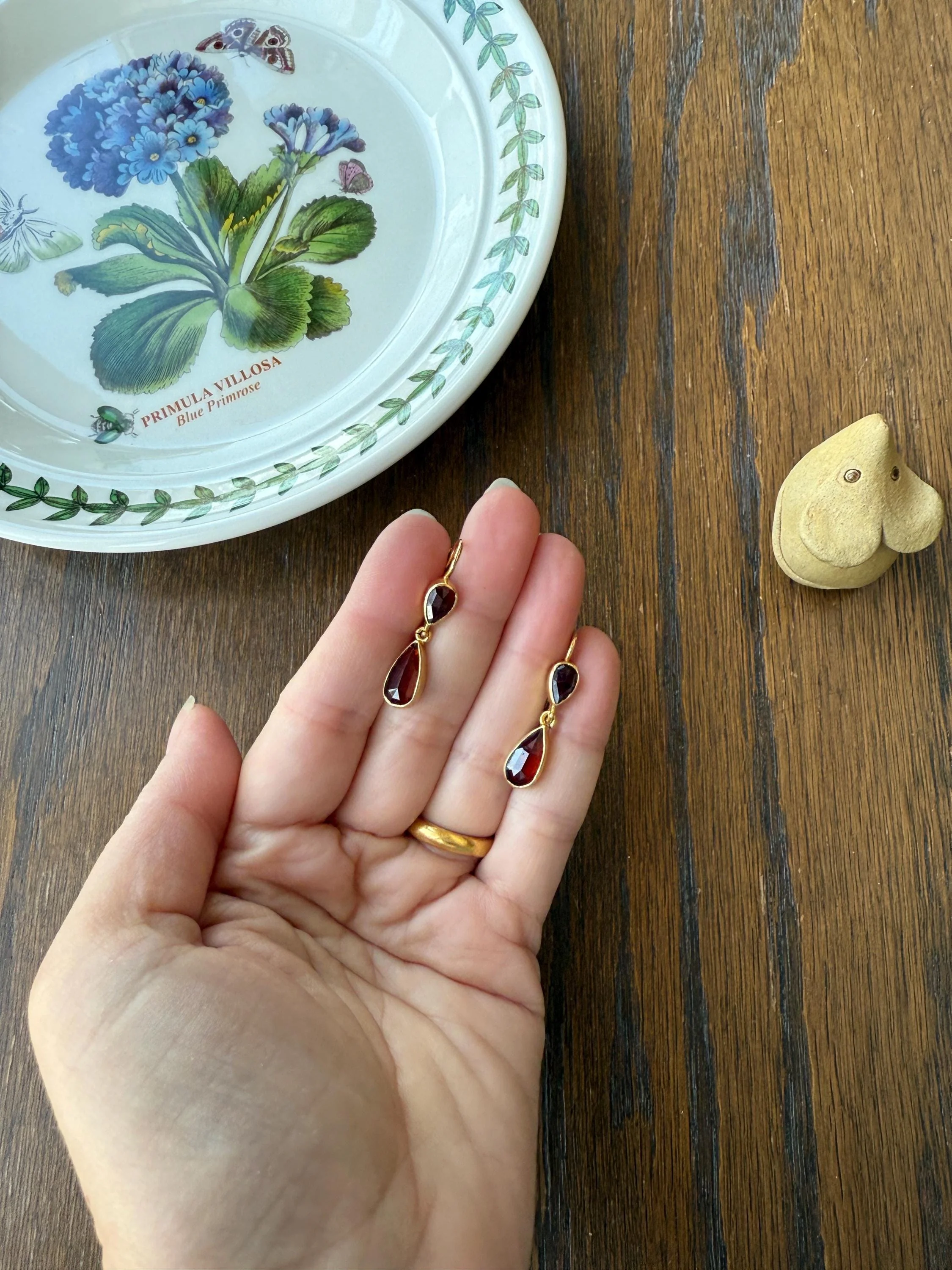 Teardrop Dangles Vintage Pear PERPIGNAN GARNET Earrings 18k Gold  French Dormouse Rose Cut Closed Back Crimson Red - Image 15