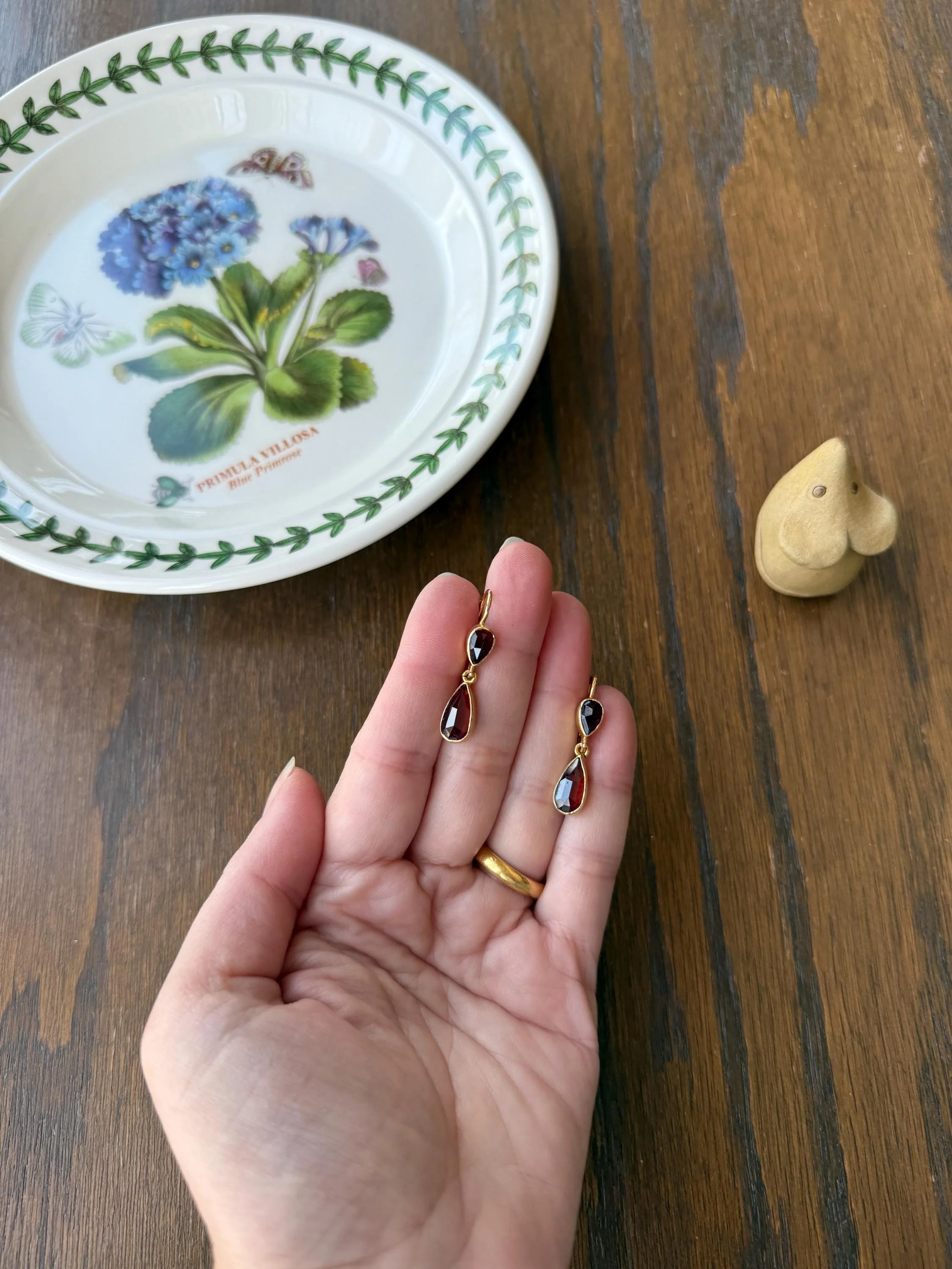 Teardrop Dangles Vintage Pear PERPIGNAN GARNET Earrings 18k Gold  French Dormouse Rose Cut Closed Back Crimson Red - Image 18
