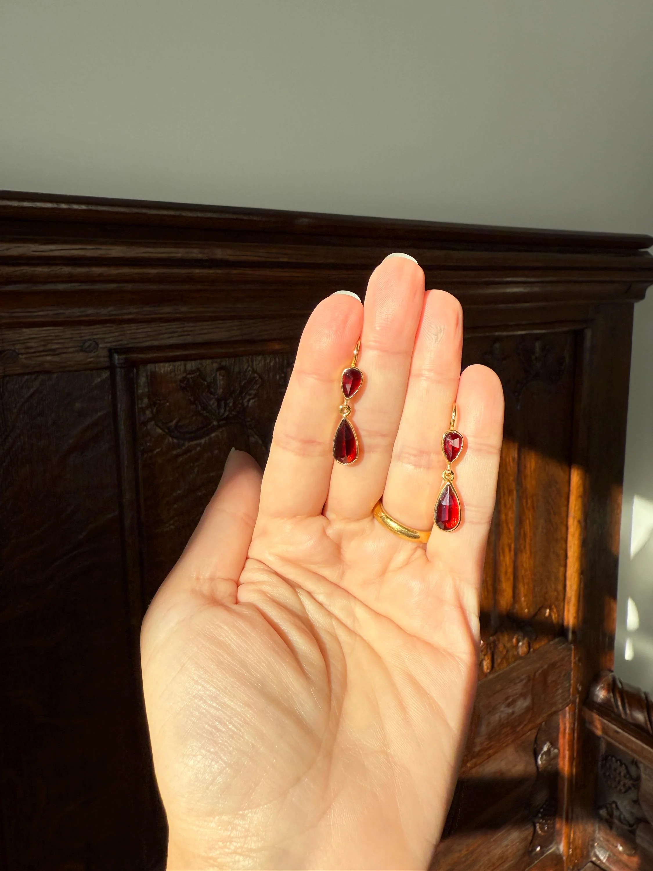 Teardrop Dangles Vintage Pear PERPIGNAN GARNET Earrings 18k Gold  French Dormouse Rose Cut Closed Back Crimson Red - Image 4