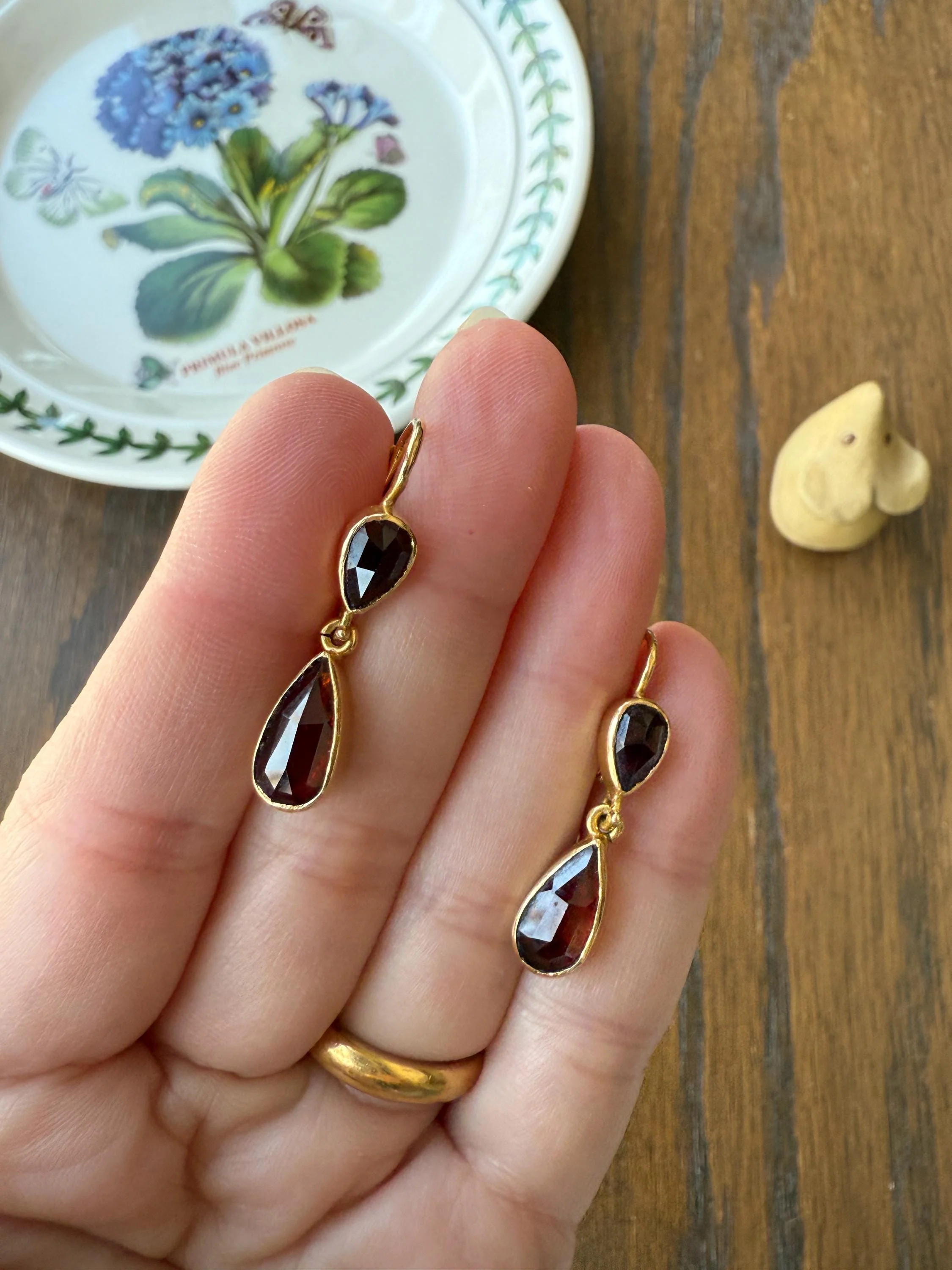 Teardrop Dangles Vintage Pear PERPIGNAN GARNET Earrings 18k Gold  French Dormouse Rose Cut Closed Back Crimson Red - Image 5