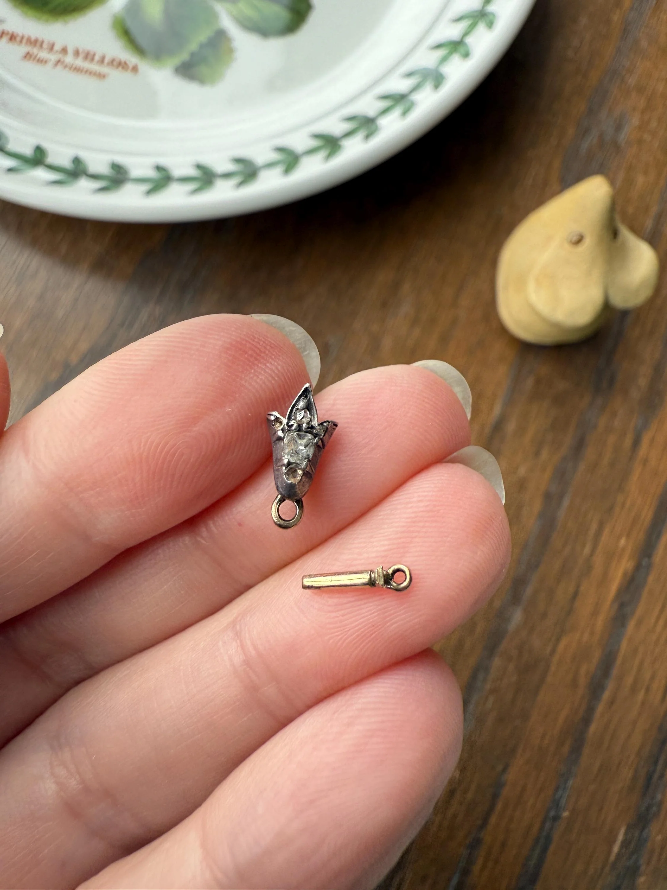 Teensy Tiny TULIP Antique Georgian Era Clasp Extender Connector 14k Gold Old Mine Rose Cut Diamond Silver Figural Necklace Bracelet Parts - Image 2