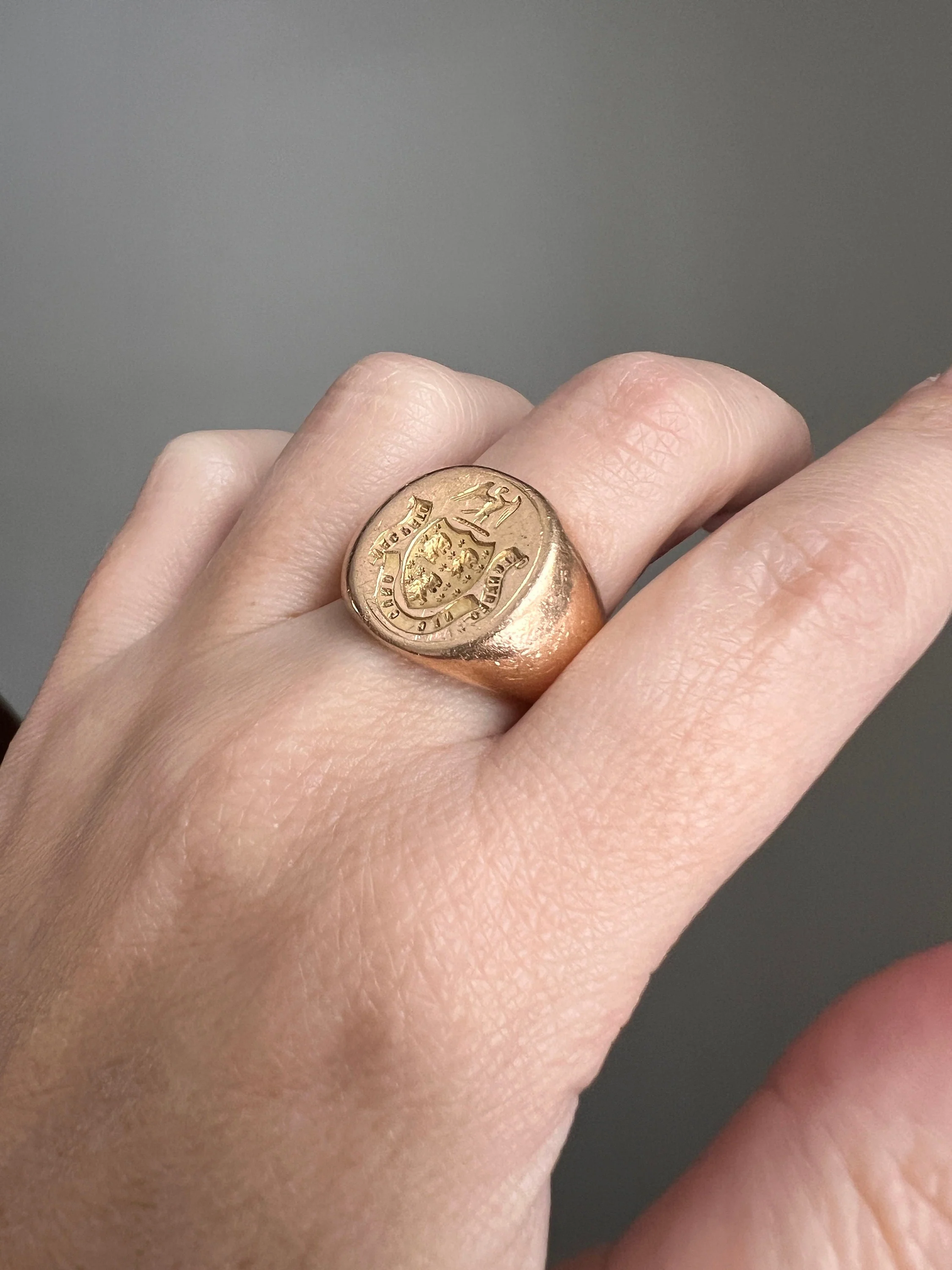 The " I DON'T CARE " Signet Ring French Antique HEAVY 19g 18k Gold Solid Shield Eagle Lion Fleur De Lis Chunky Unisex - Image 7