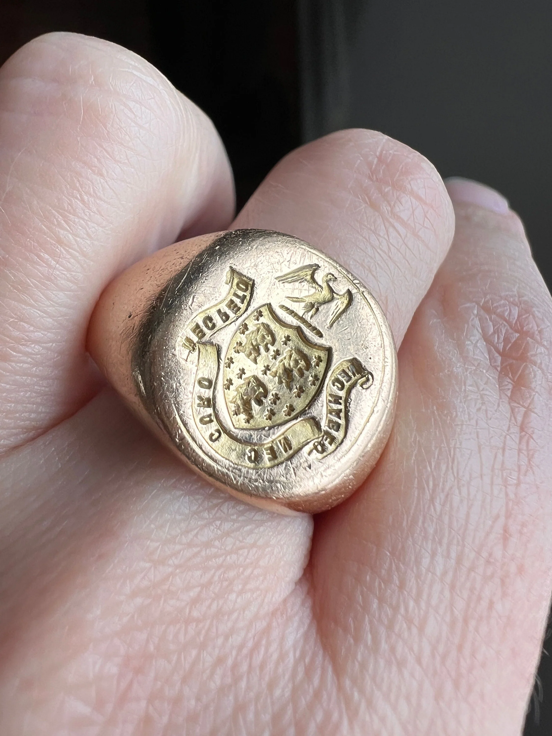 The " I DON'T CARE " Signet Ring French Antique HEAVY 19g 18k Gold Solid Shield Eagle Lion Fleur De Lis Chunky Unisex - Image 8