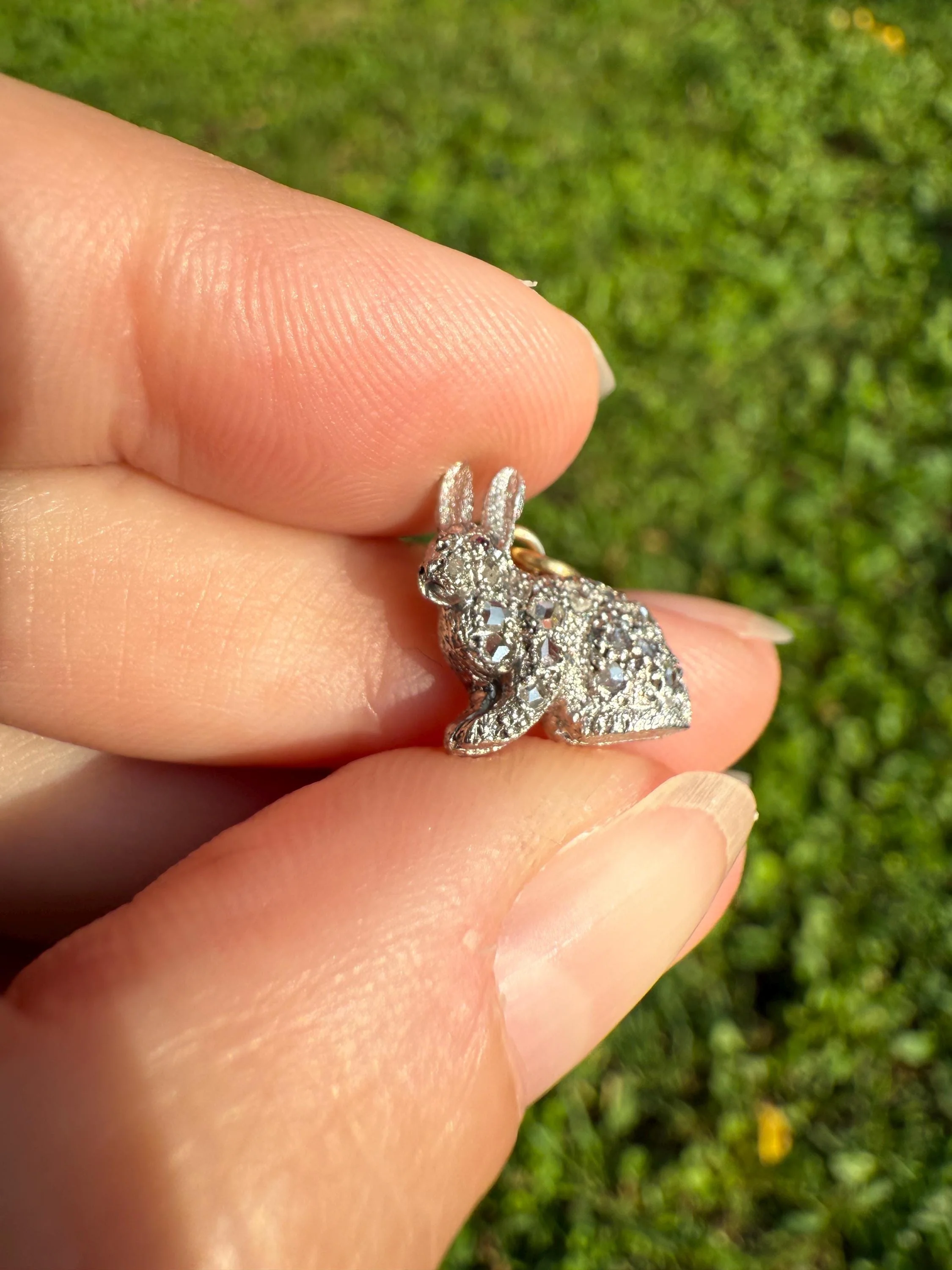 The Little Bun Bun BUNNY Rose Cut Diamond Encrusted ANTIQUE Figural Rabbit Pendant Platinum 18k & 14k Gold - Image 2