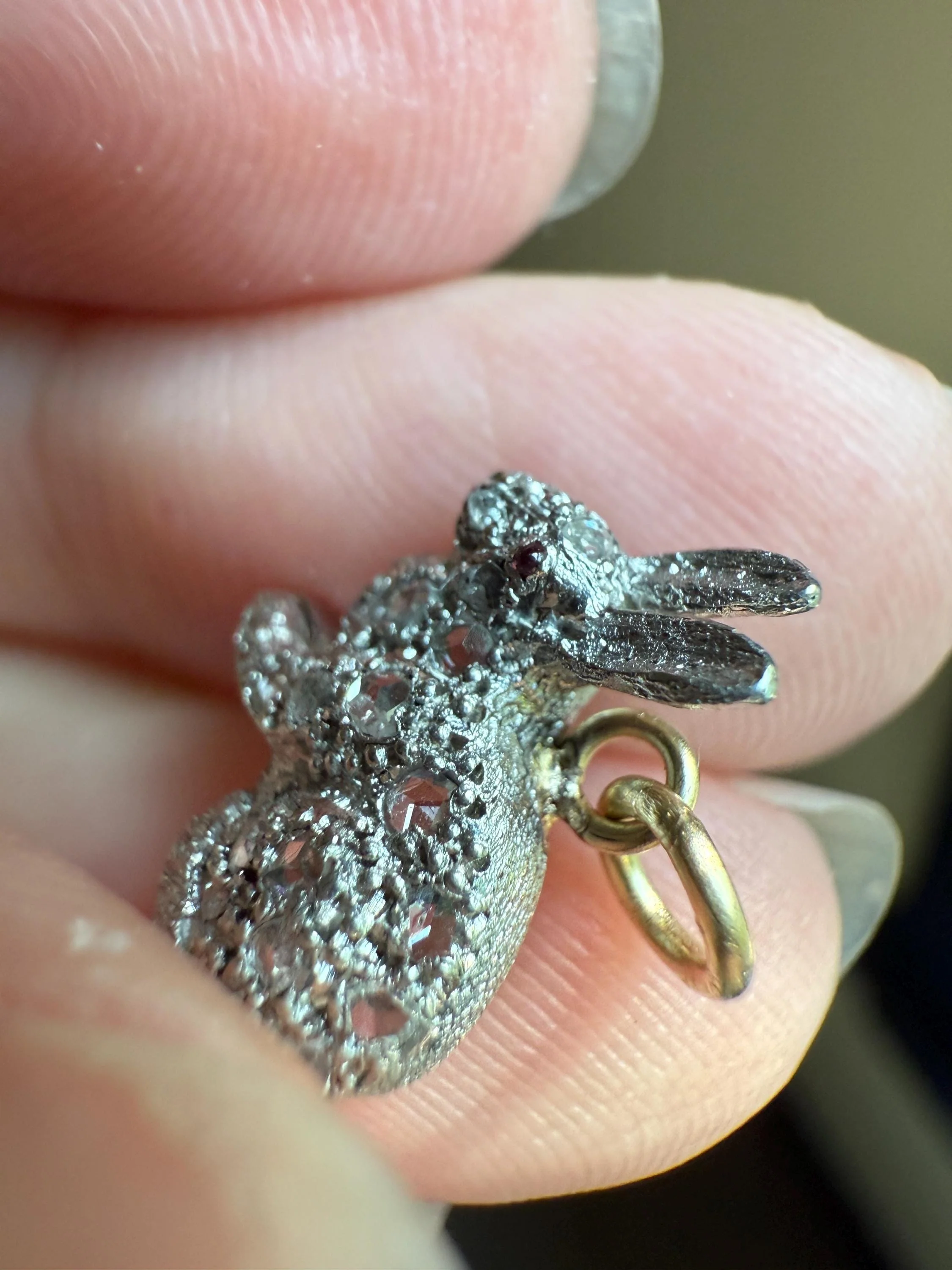The Little Bun Bun BUNNY Rose Cut Diamond Encrusted ANTIQUE Figural Rabbit Pendant Platinum 18k & 14k Gold - Image 4