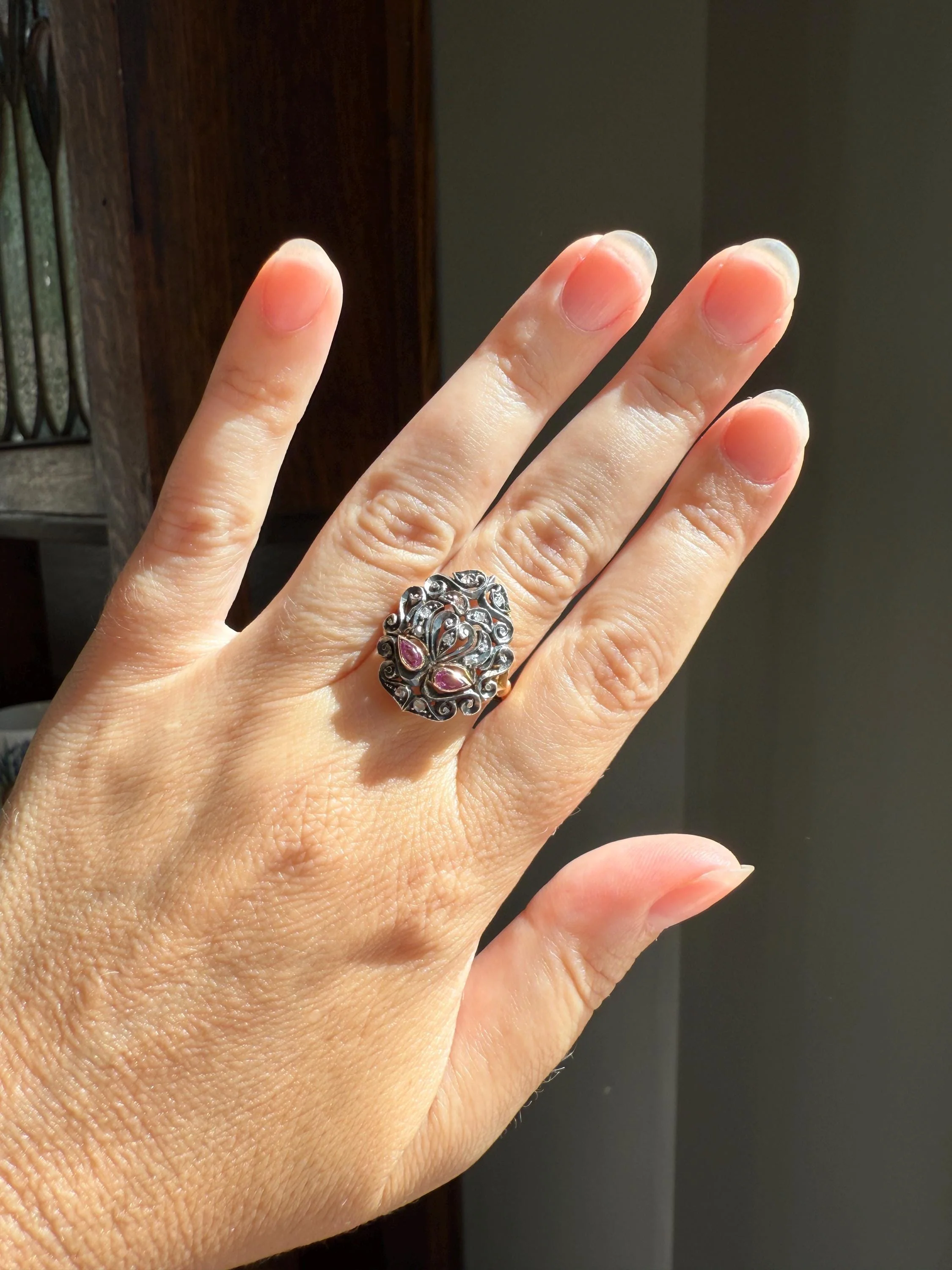 The Peacock Ring : ) Teardrop RUBY Old Mine Cut DIAMOND Ring 18k Gold Silver Flourishes Ornate Scrolled - Image 4