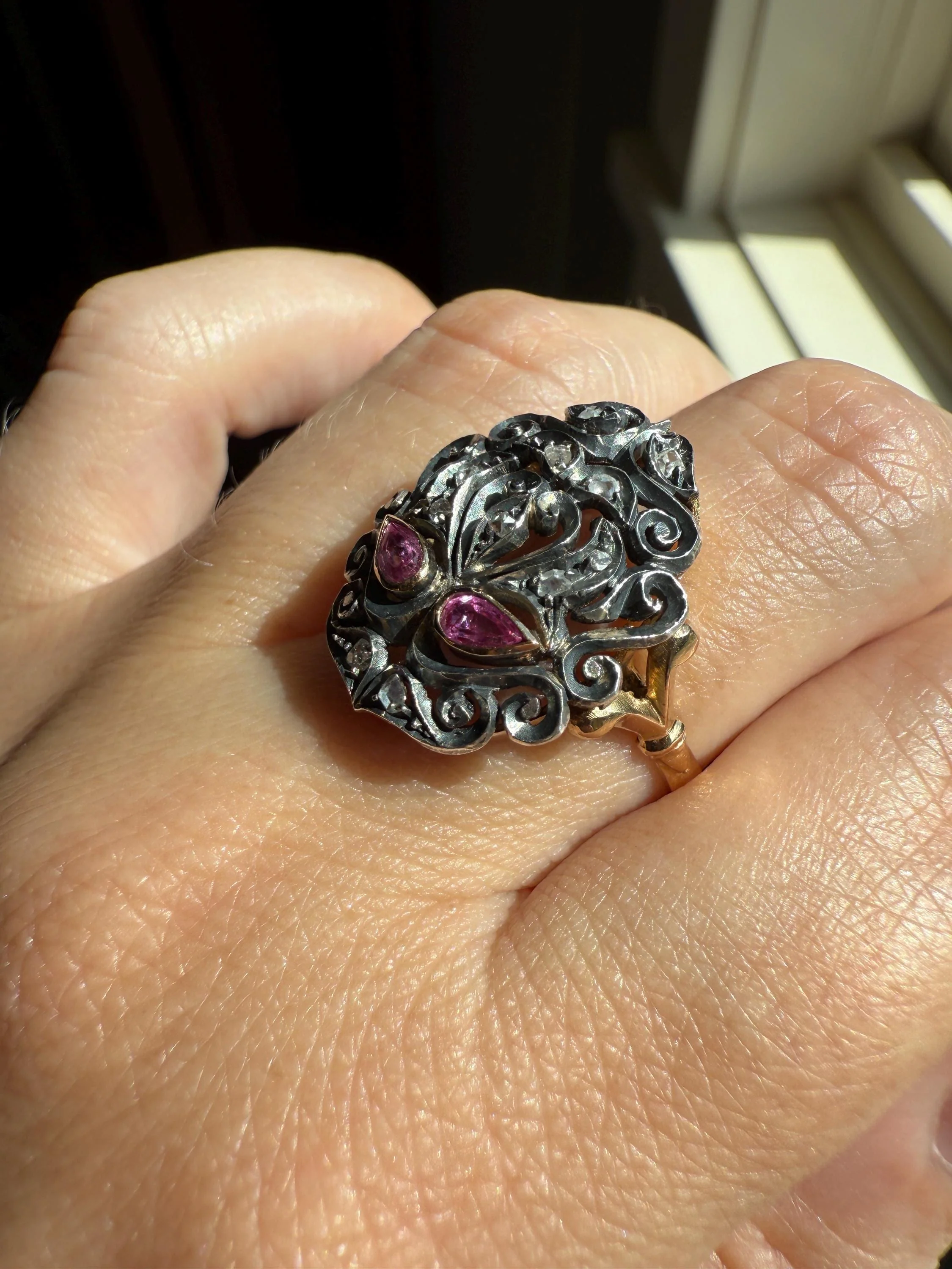 The Peacock Ring : ) Teardrop RUBY Old Mine Cut DIAMOND Ring 18k Gold Silver Flourishes Ornate Scrolled - Image 5