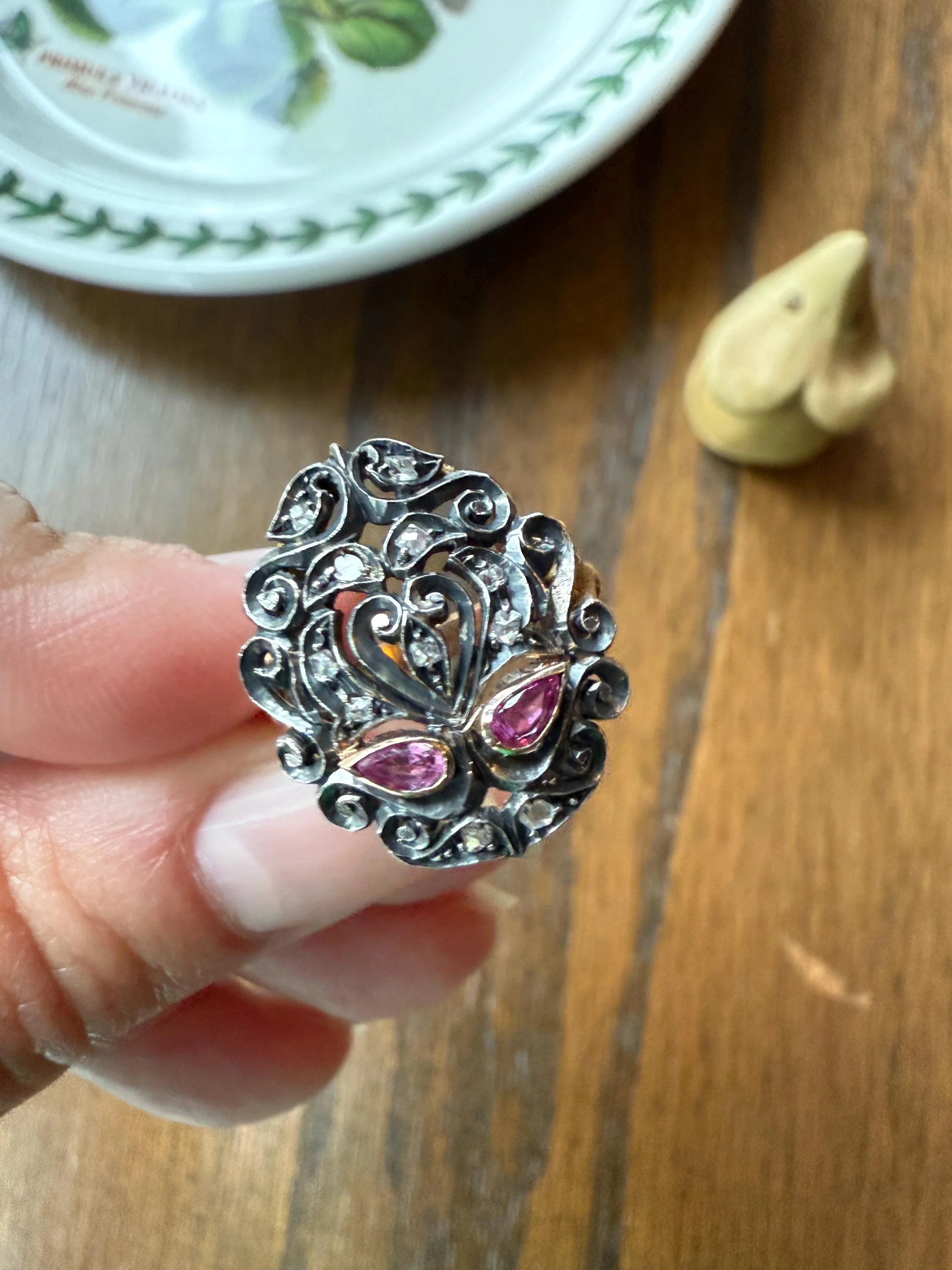 The Peacock Ring : ) Teardrop RUBY Old Mine Cut DIAMOND Ring 18k Gold Silver Flourishes Ornate Scrolled - Image 6