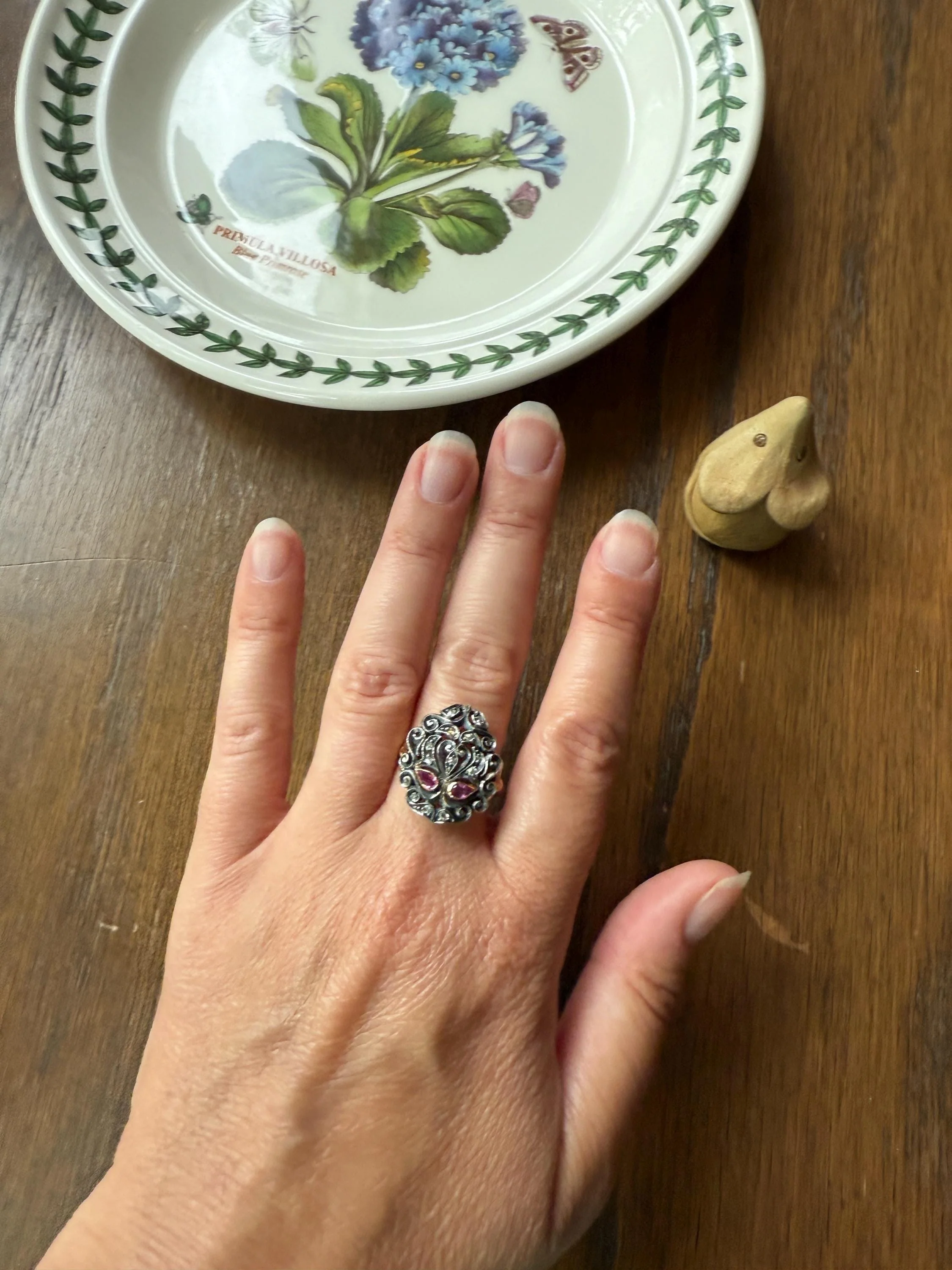 The Peacock Ring : ) Teardrop RUBY Old Mine Cut DIAMOND Ring 18k Gold Silver Flourishes Ornate Scrolled - Image 7
