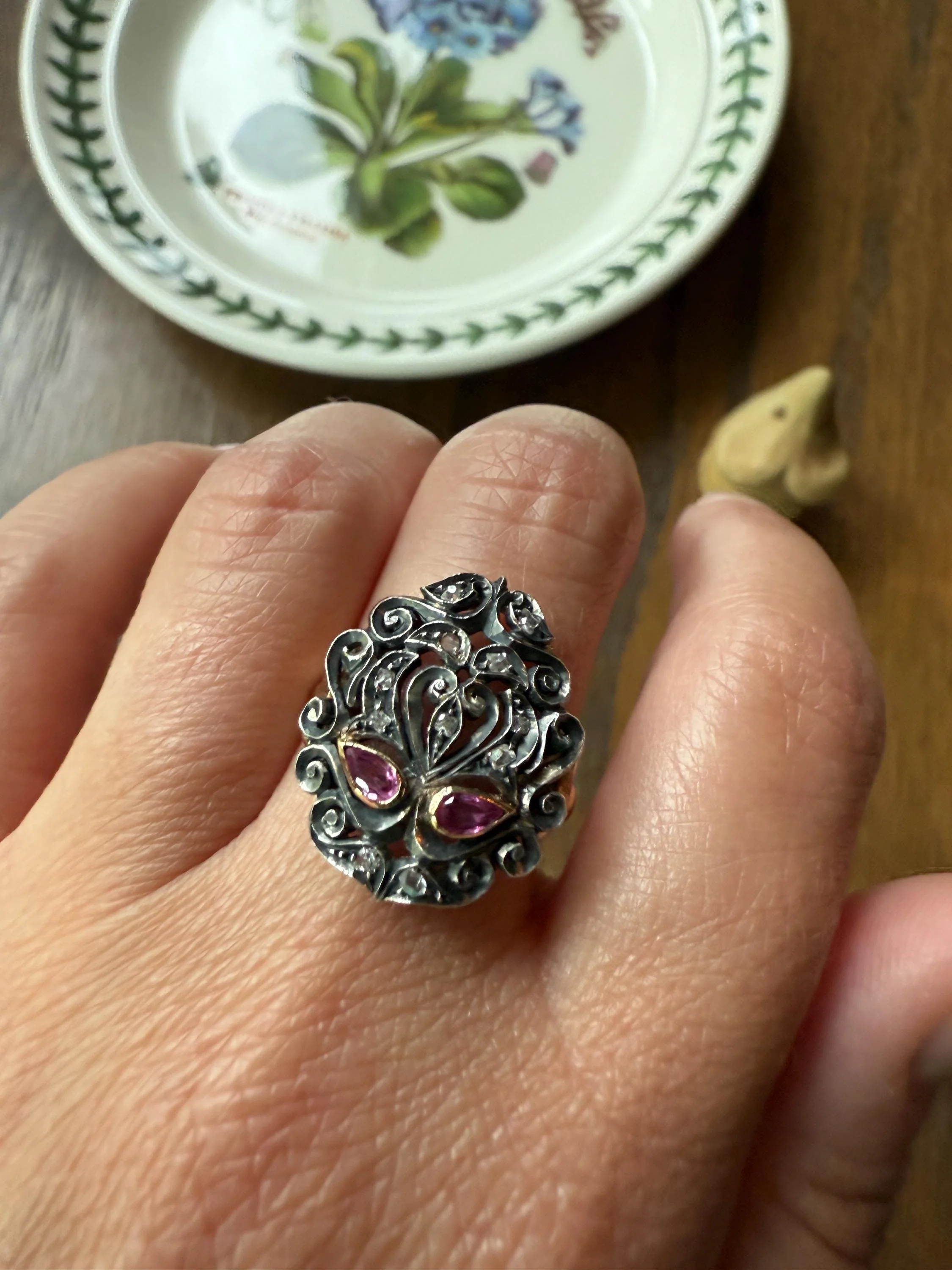 The Peacock Ring : ) Teardrop RUBY Old Mine Cut DIAMOND Ring 18k Gold Silver Flourishes Ornate Scrolled - Image 8