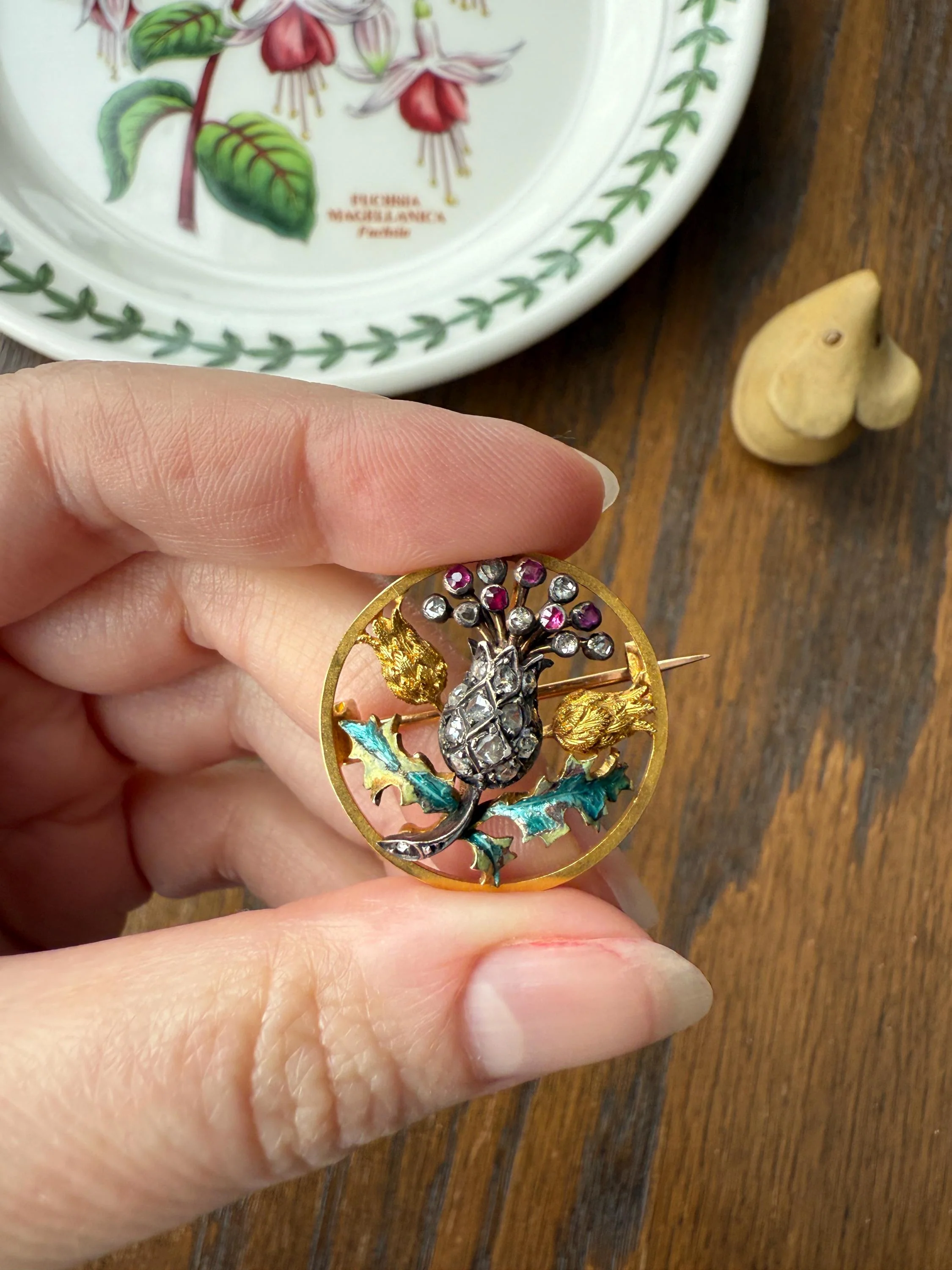 THISTLE Antique Art Nouveau 18k Gold French Belle Epoque Rose Cut Diamond Ruby Brooch Pin Pendant Connector Extender 3D Lifelike Floral - Image 15