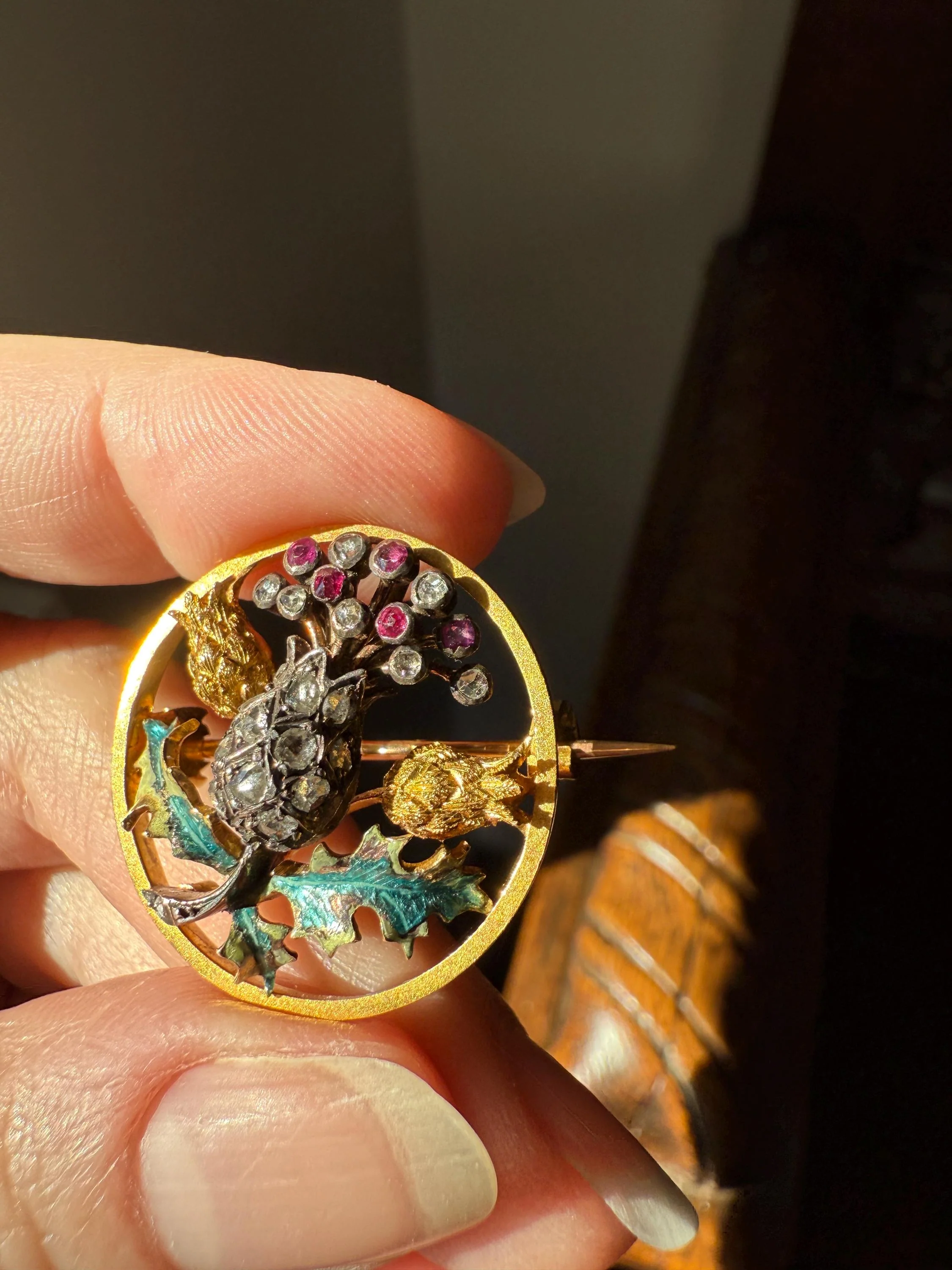 THISTLE Antique Art Nouveau 18k Gold French Belle Epoque Rose Cut Diamond Ruby Brooch Pin Pendant Connector Extender 3D Lifelike Floral - Image 16