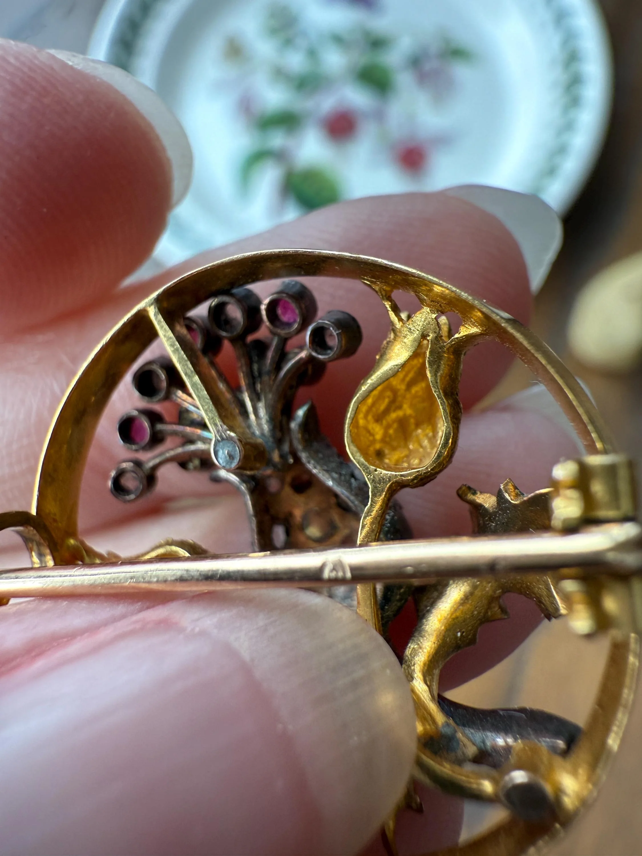 THISTLE Antique Art Nouveau 18k Gold French Belle Epoque Rose Cut Diamond Ruby Brooch Pin Pendant Connector Extender 3D Lifelike Floral - Image 18