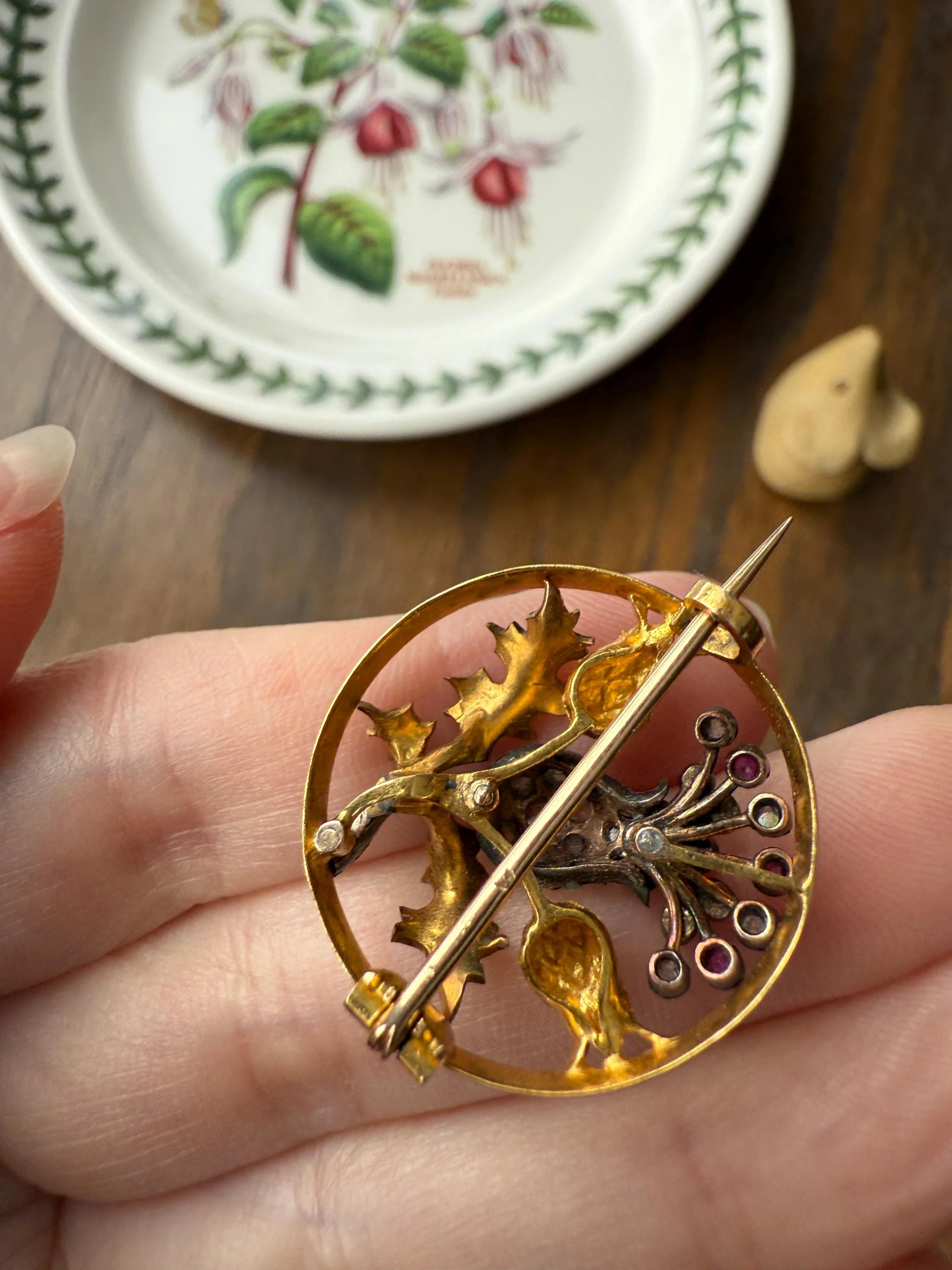 THISTLE Antique Art Nouveau 18k Gold French Belle Epoque Rose Cut Diamond Ruby Brooch Pin Pendant Connector Extender 3D Lifelike Floral - Image 19
