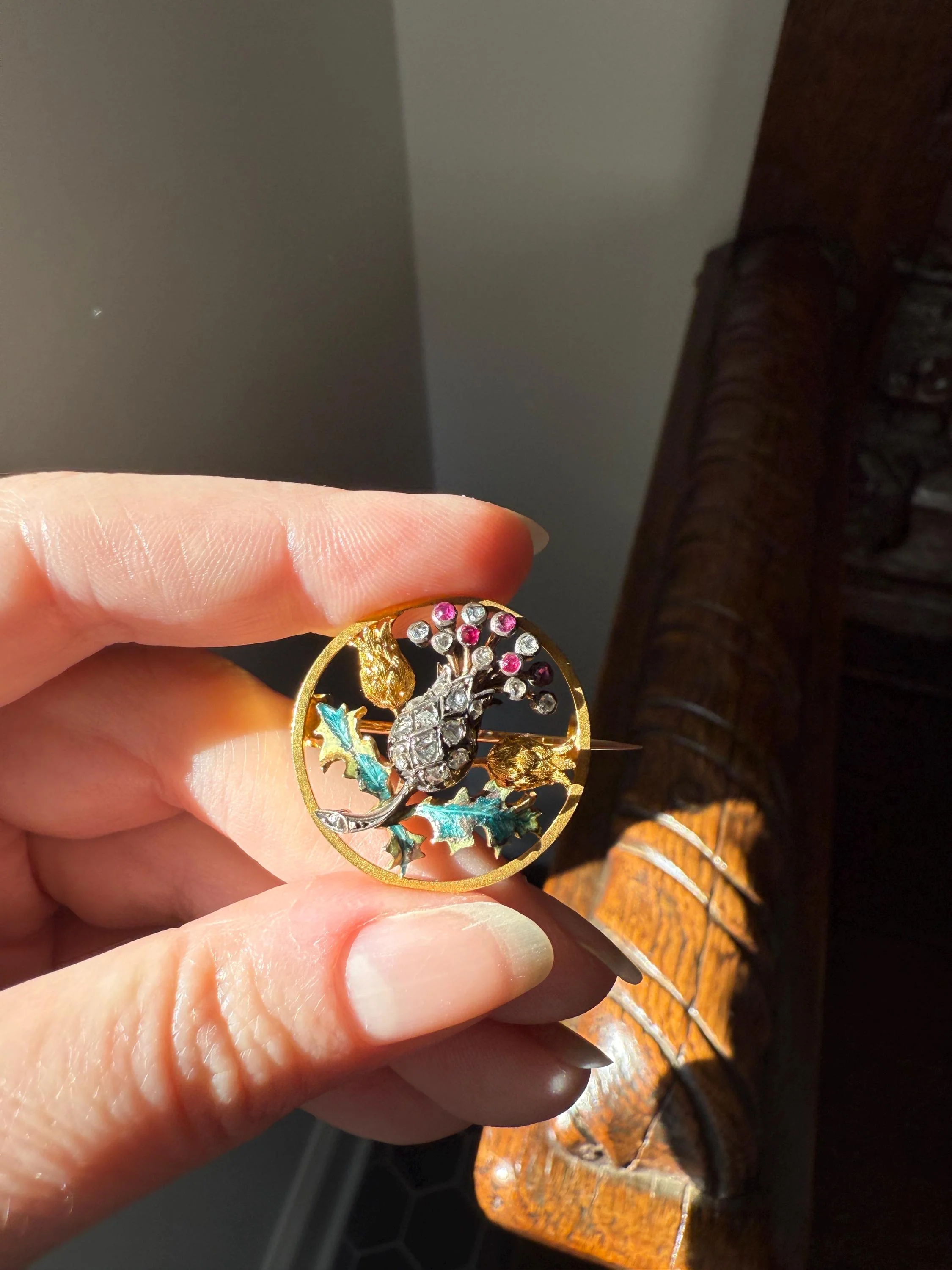 THISTLE Antique Art Nouveau 18k Gold French Belle Epoque Rose Cut Diamond Ruby Brooch Pin Pendant Connector Extender 3D Lifelike Floral - Image 3