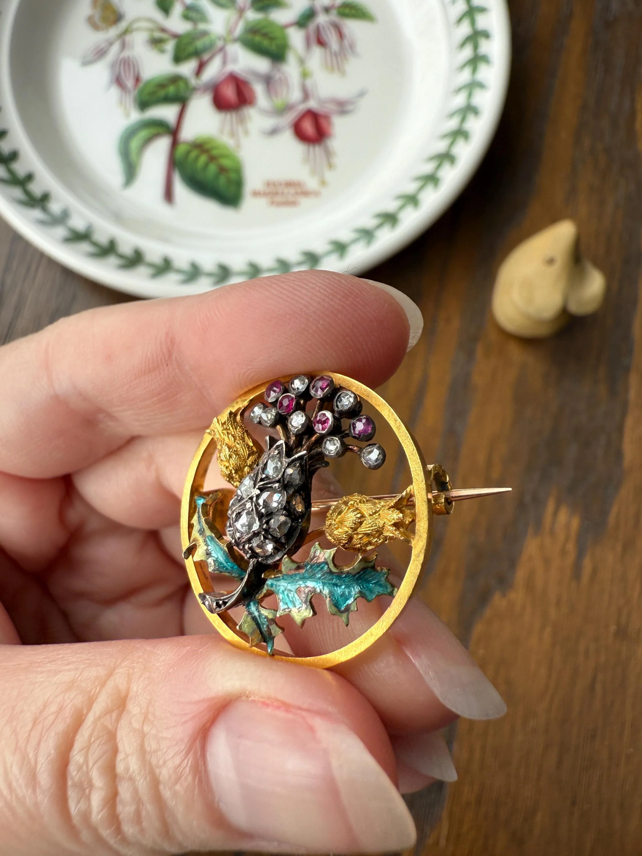 THISTLE Antique Art Nouveau 18k Gold French Belle Epoque Rose Cut Diamond Ruby Brooch Pin Pendant Connector Extender 3D Lifelike Floral - Image 5
