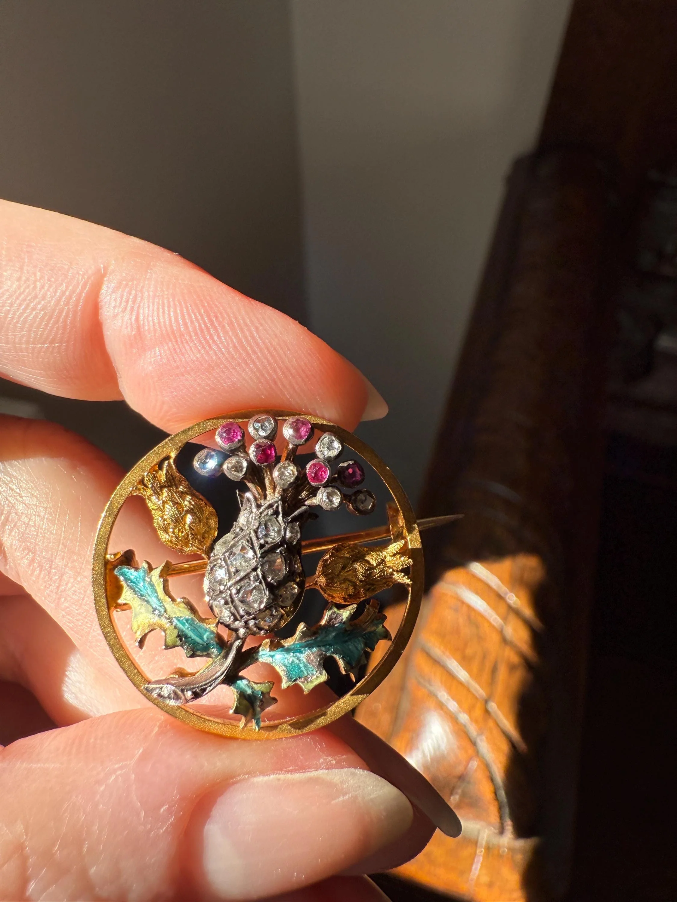 THISTLE Antique Art Nouveau 18k Gold French Belle Epoque Rose Cut Diamond Ruby Brooch Pin Pendant Connector Extender 3D Lifelike Floral - Image 8
