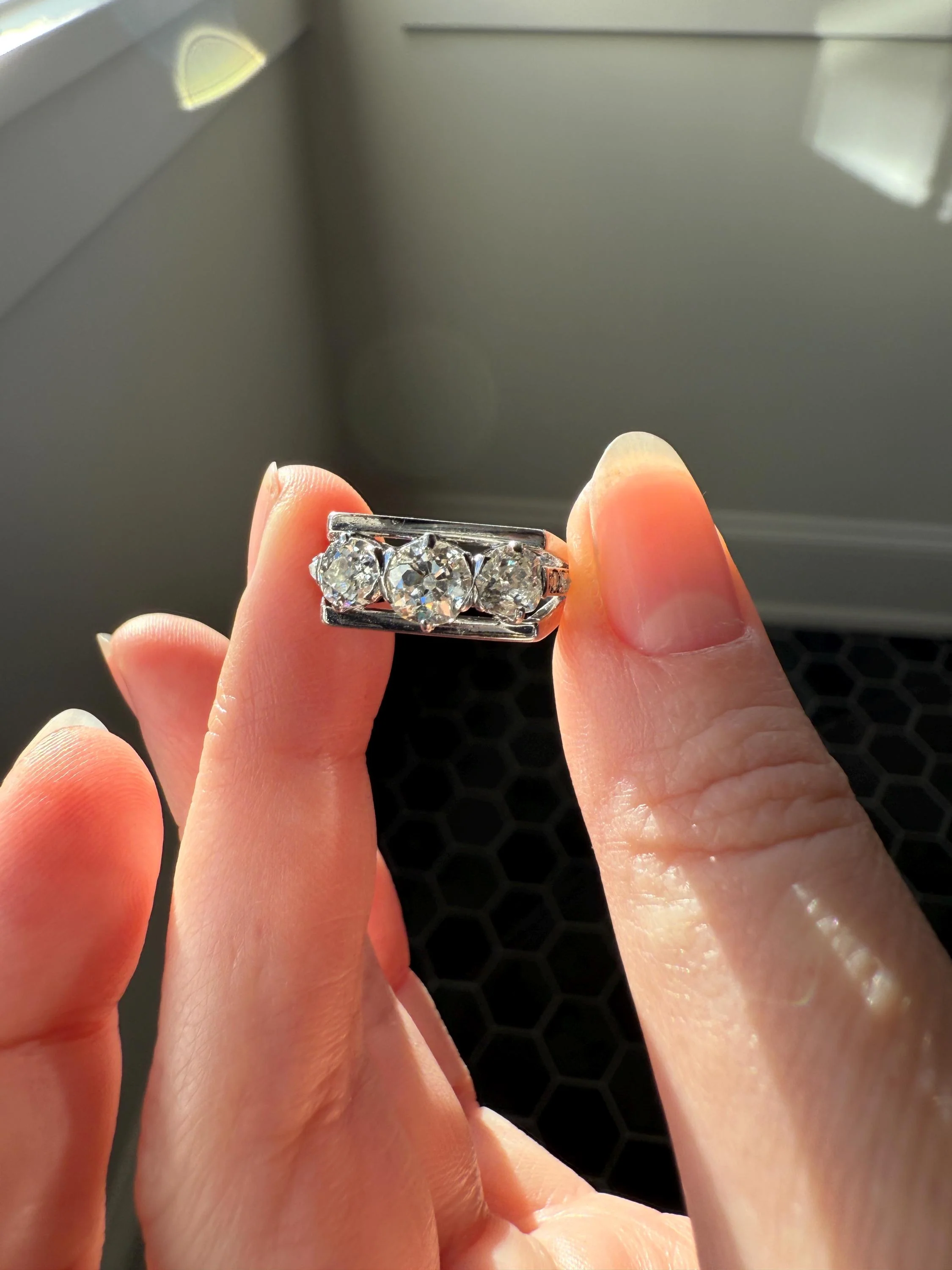 Three Stone Antique 1.75 Carat Old Mine Cut DIAMOND Chunky Tank Geometric Wrap Ring 14k White Gold Platinum Squared Band Stacker - Image 12