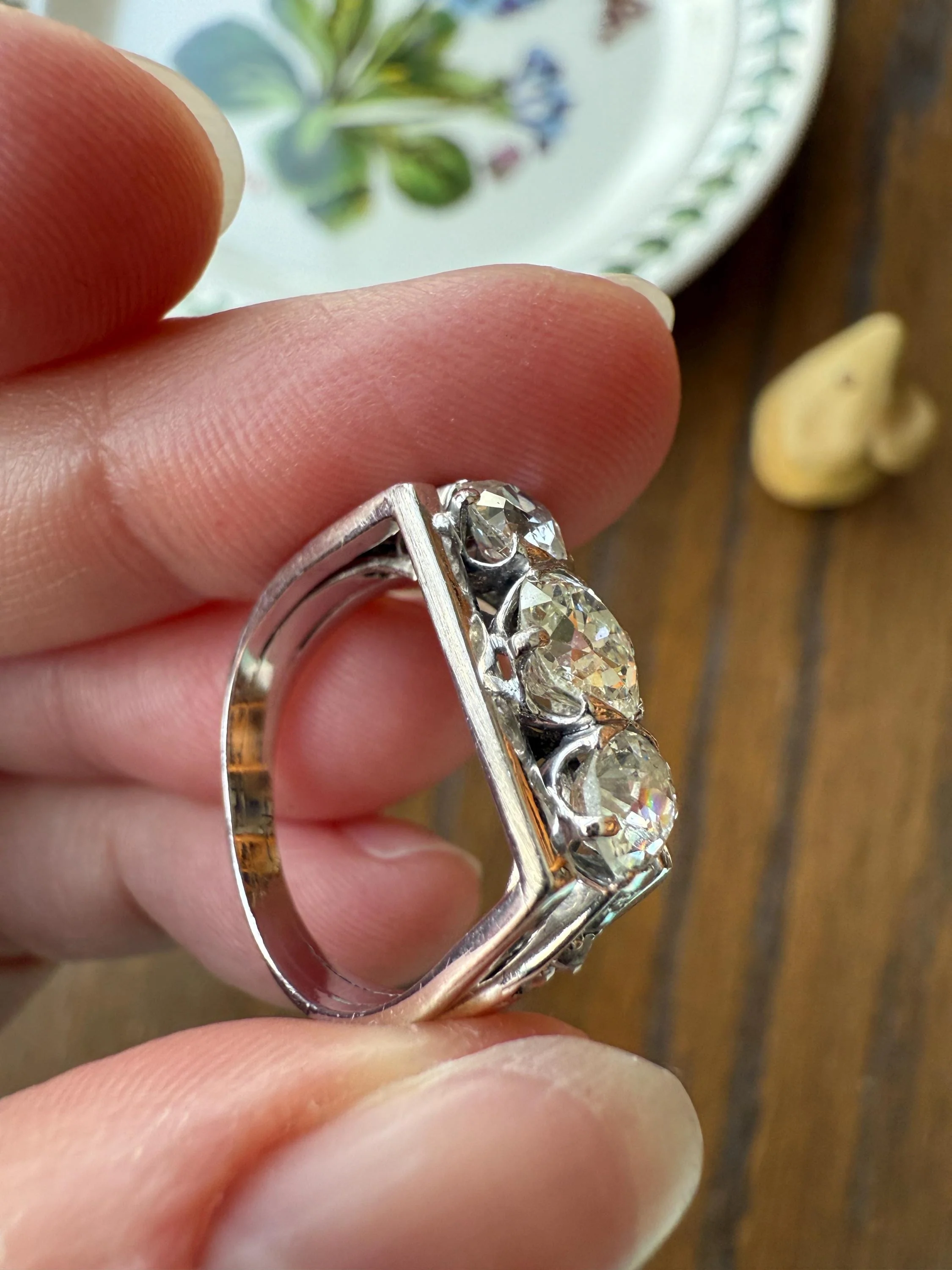 Three Stone Antique 1.75 Carat Old Mine Cut DIAMOND Chunky Tank Geometric Wrap Ring 14k White Gold Platinum Squared Band Stacker - Image 13