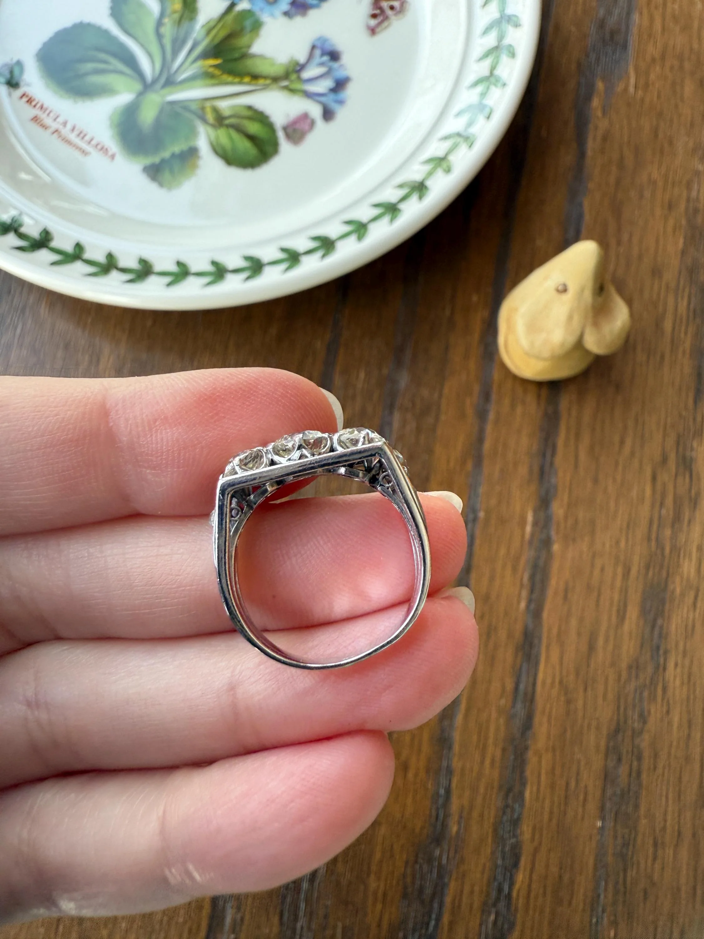 Three Stone Antique 1.75 Carat Old Mine Cut DIAMOND Chunky Tank Geometric Wrap Ring 14k White Gold Platinum Squared Band Stacker - Image 14