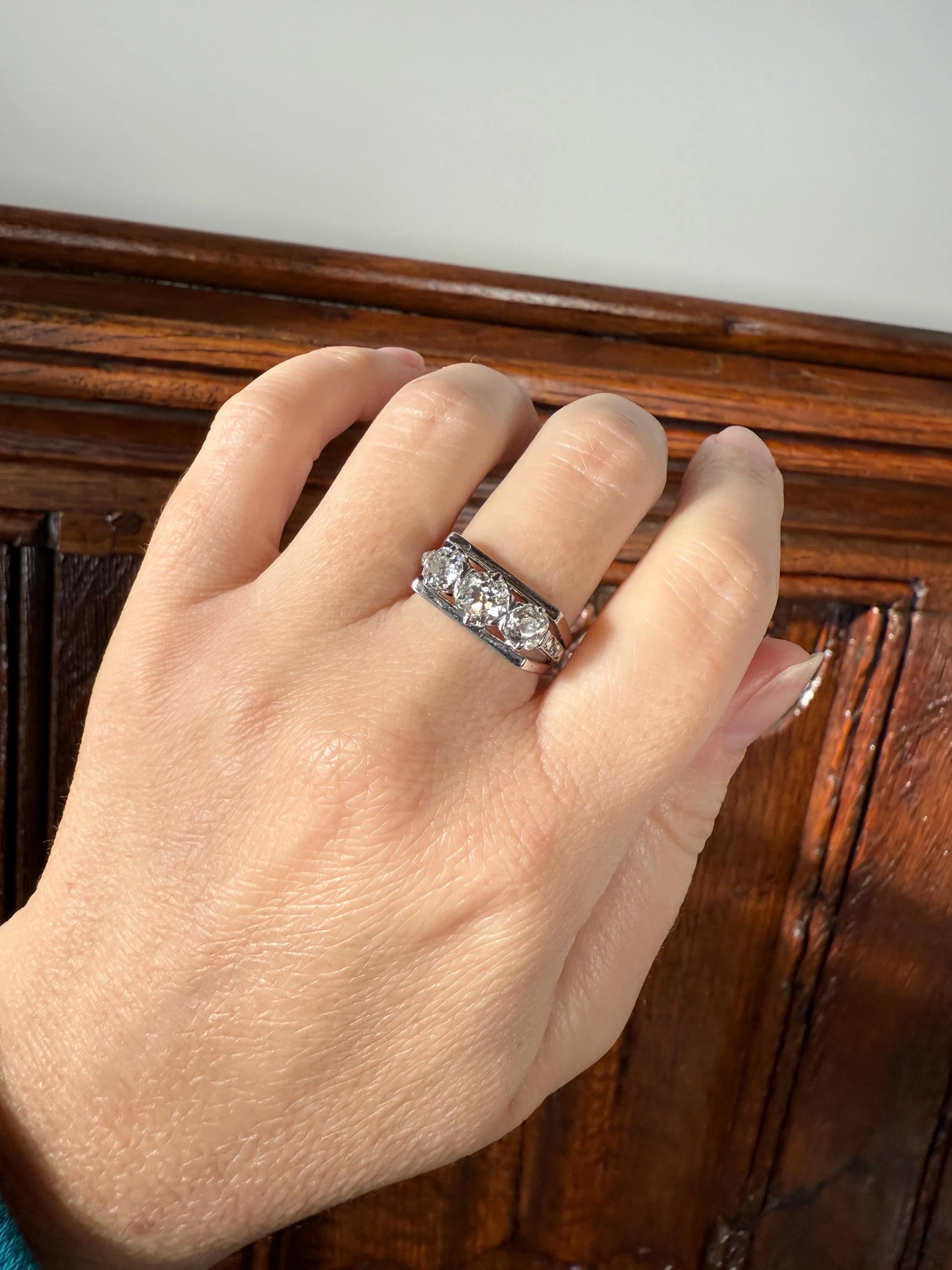 Three Stone Antique 1.75 Carat Old Mine Cut DIAMOND Chunky Tank Geometric Wrap Ring 14k White Gold Platinum Squared Band Stacker - Image 15