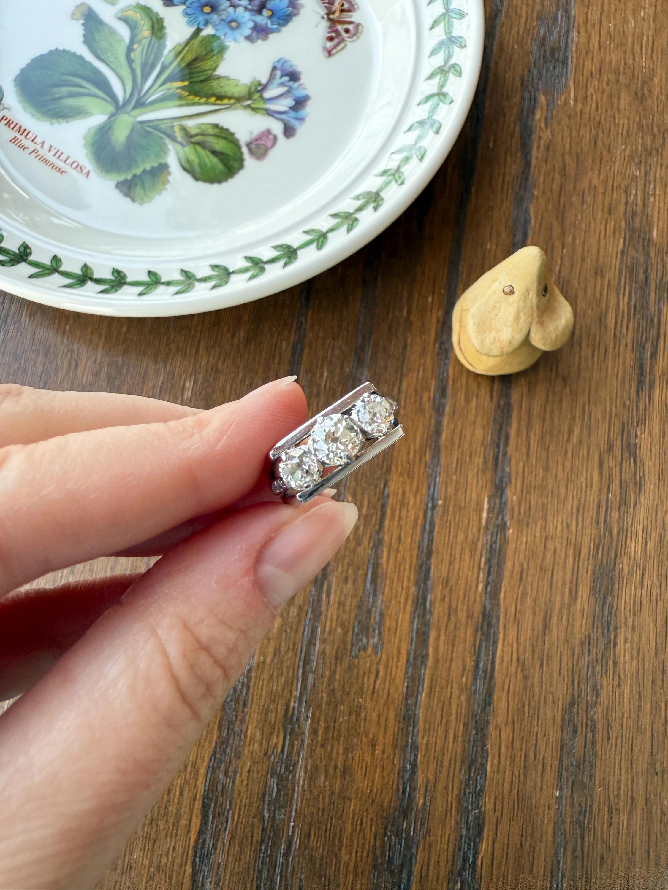 Three Stone Antique 1.75 Carat Old Mine Cut DIAMOND Chunky Tank Geometric Wrap Ring 14k White Gold Platinum Squared Band Stacker - Image 17