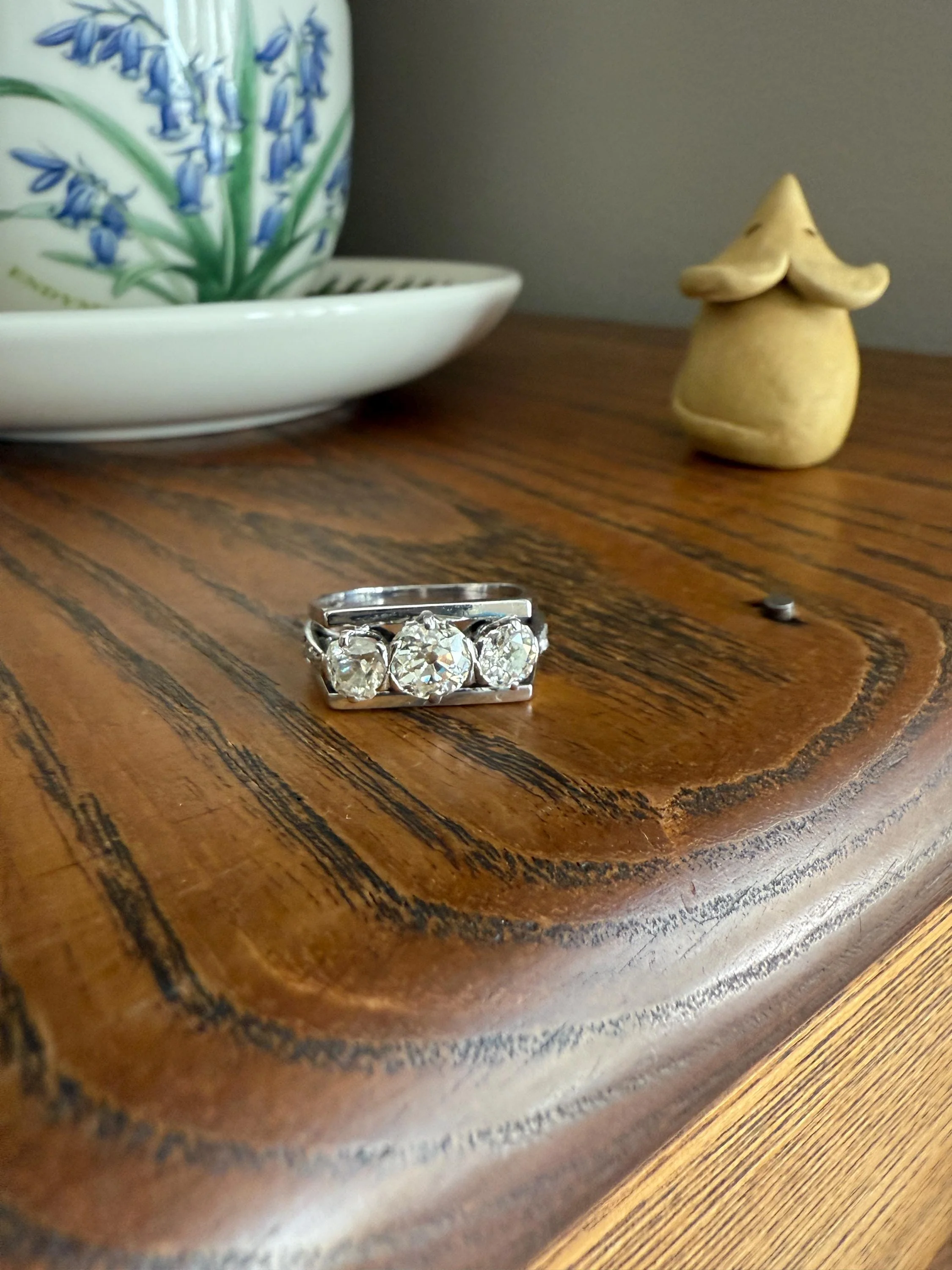 Three Stone Antique 1.75 Carat Old Mine Cut DIAMOND Chunky Tank Geometric Wrap Ring 14k White Gold Platinum Squared Band Stacker - Image 18