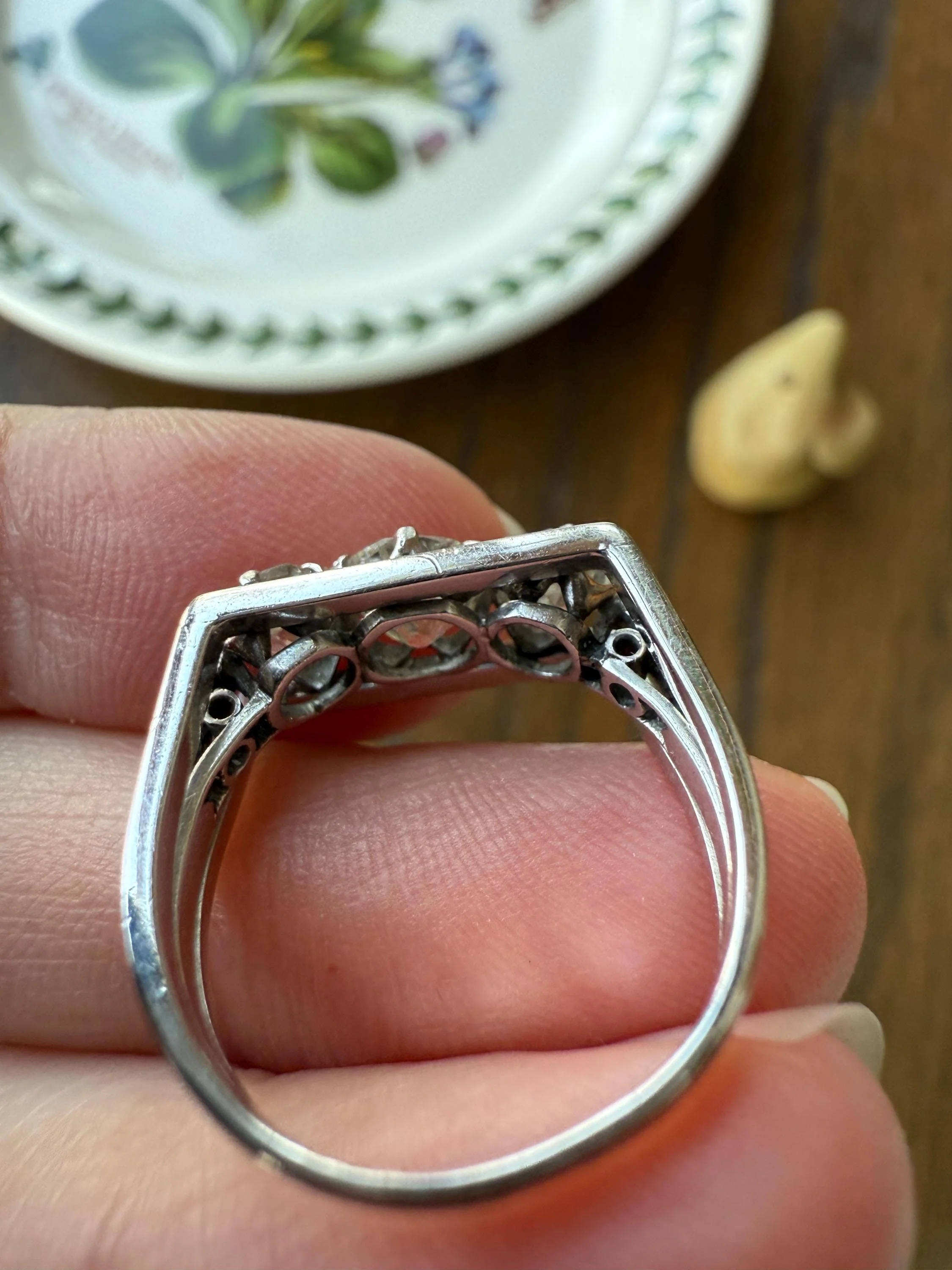 Three Stone Antique 1.75 Carat Old Mine Cut DIAMOND Chunky Tank Geometric Wrap Ring 14k White Gold Platinum Squared Band Stacker - Image 19