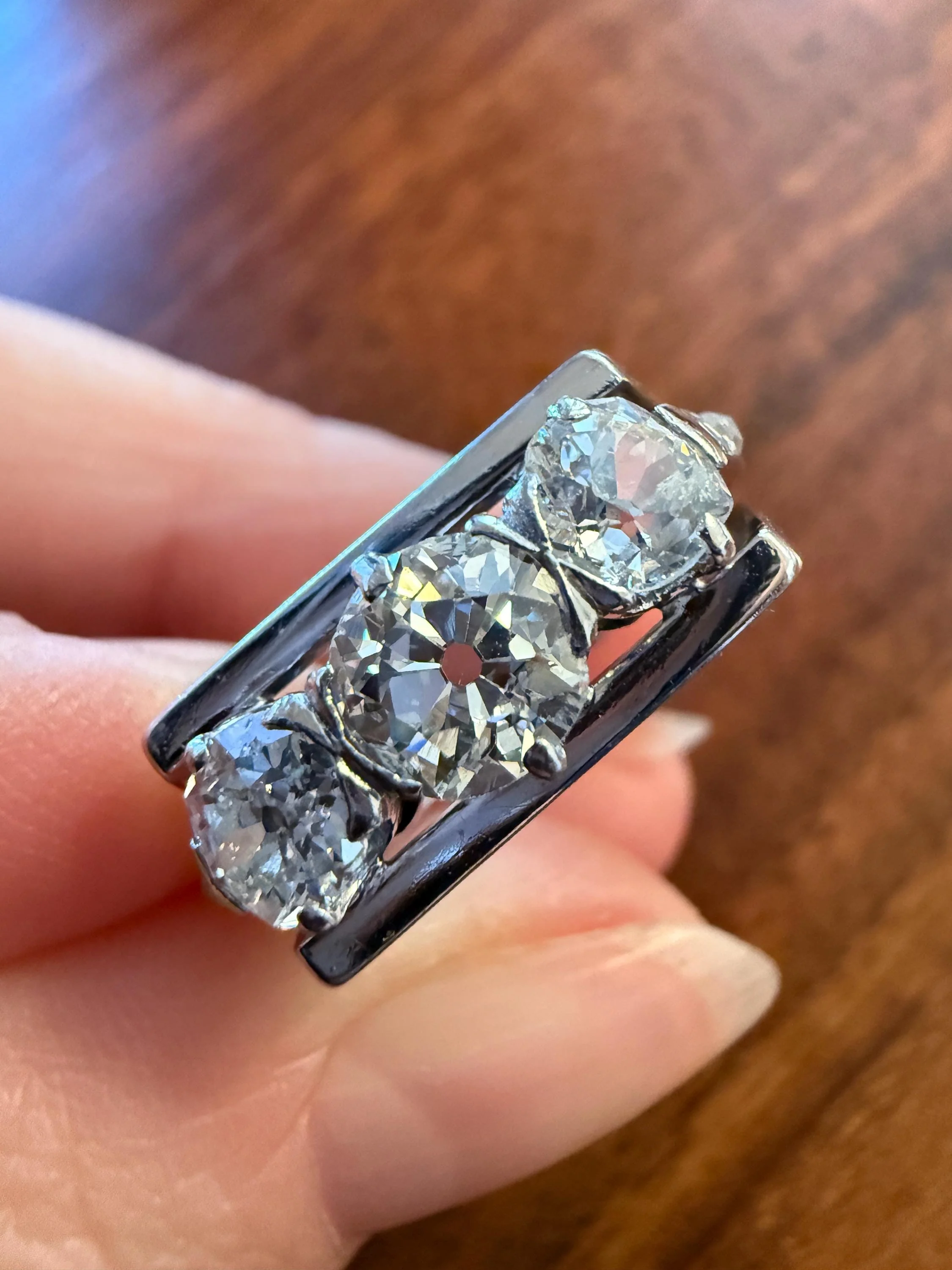 Three Stone Antique 1.75 Carat Old Mine Cut DIAMOND Chunky Tank Geometric Wrap Ring 14k White Gold Platinum Squared Band Stacker - Image 2