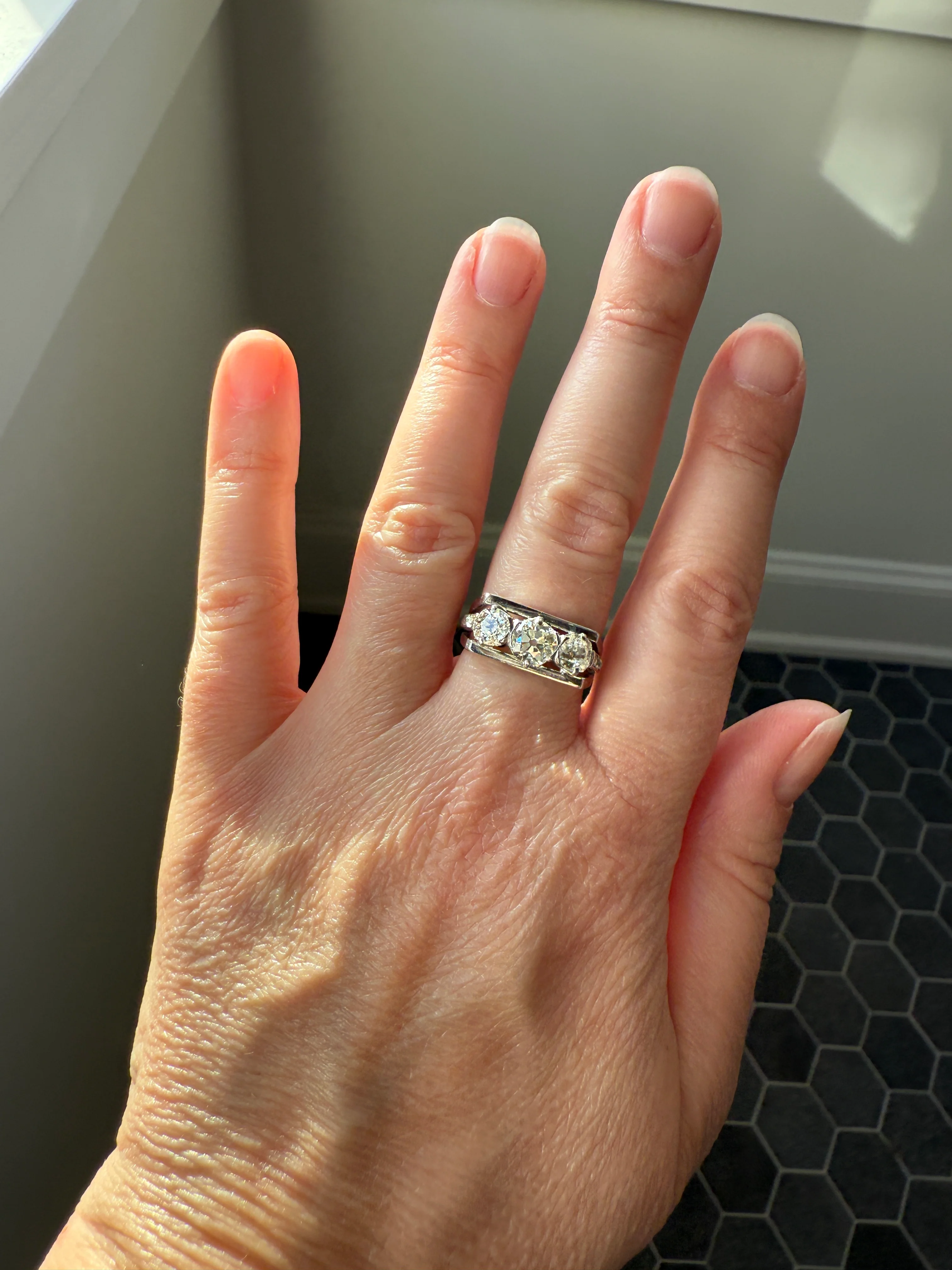Three Stone Antique 1.75 Carat Old Mine Cut DIAMOND Chunky Tank Geometric Wrap Ring 14k White Gold Platinum Squared Band Stacker - Image 20