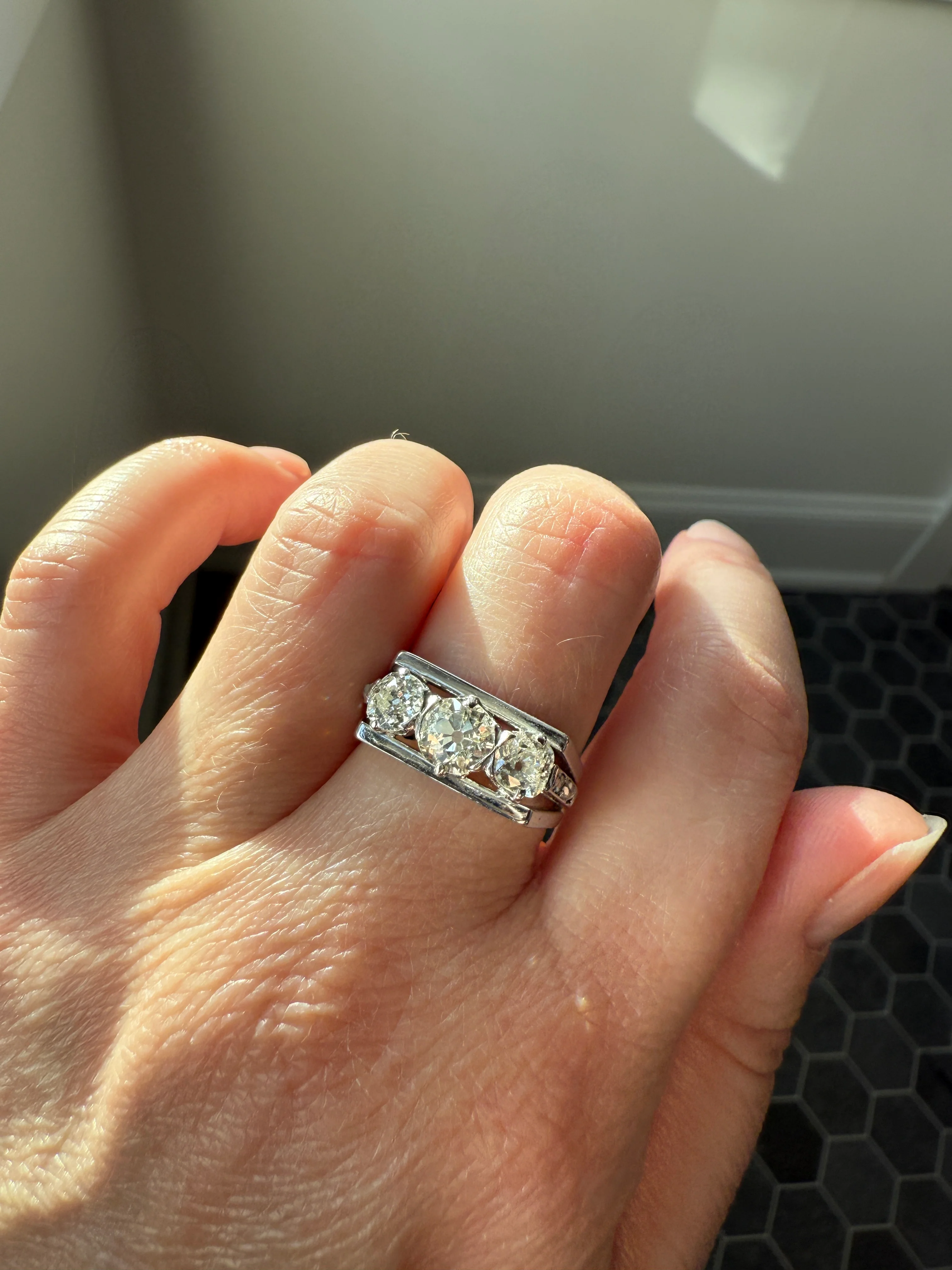 Three Stone Antique 1.75 Carat Old Mine Cut DIAMOND Chunky Tank Geometric Wrap Ring 14k White Gold Platinum Squared Band Stacker - Image 21