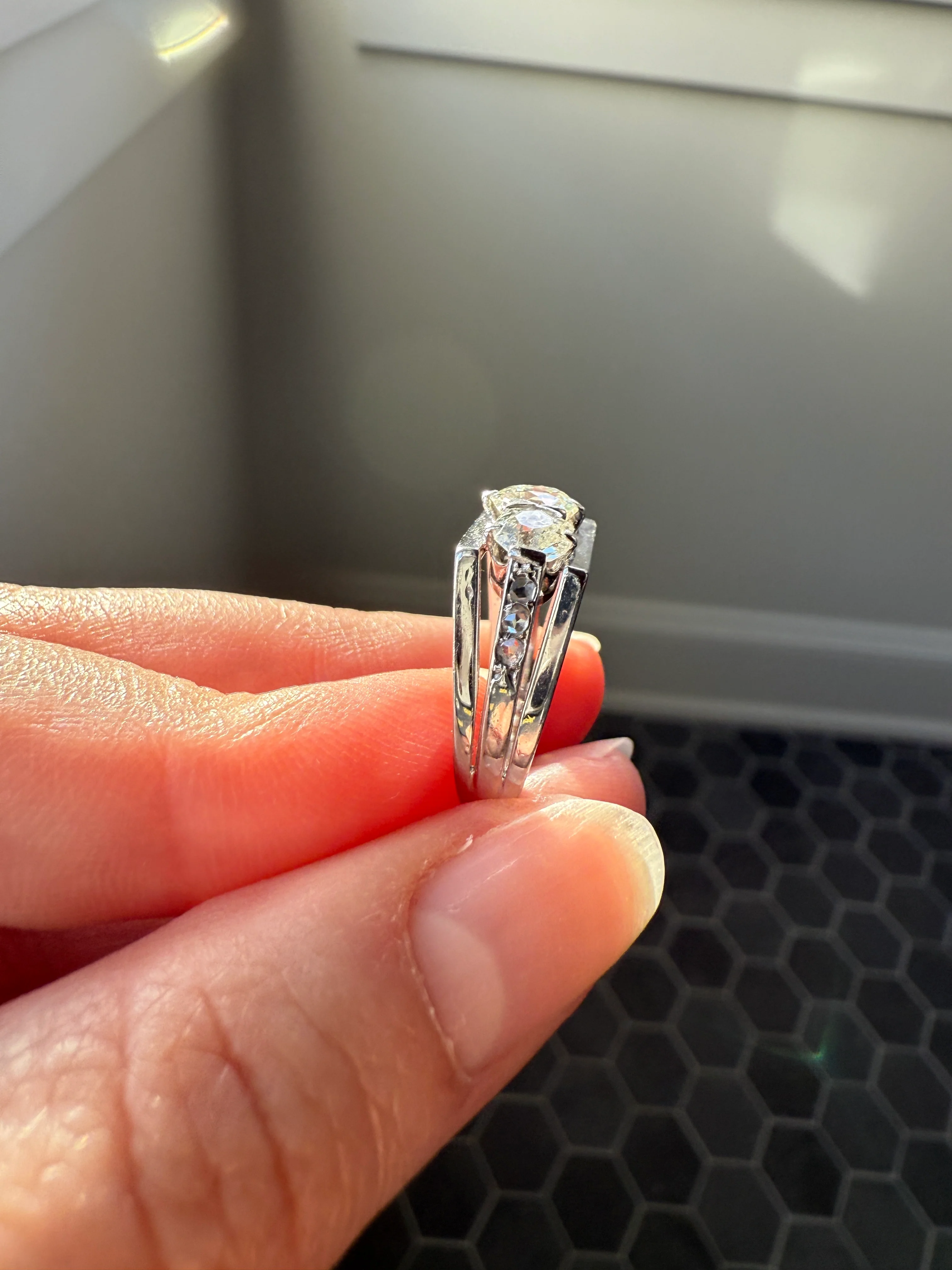 Three Stone Antique 1.75 Carat Old Mine Cut DIAMOND Chunky Tank Geometric Wrap Ring 14k White Gold Platinum Squared Band Stacker - Image 22