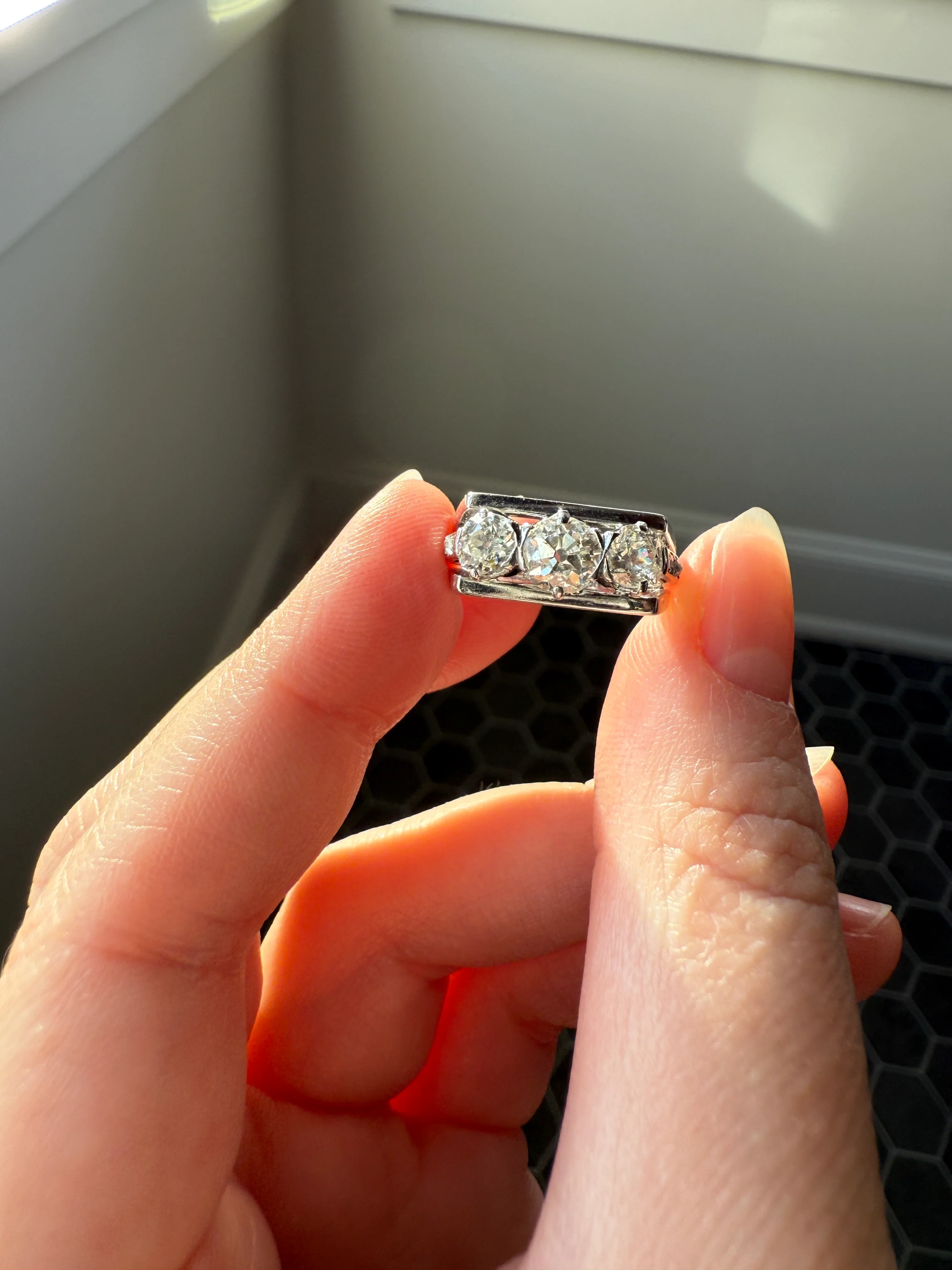 Three Stone Antique 1.75 Carat Old Mine Cut DIAMOND Chunky Tank Geometric Wrap Ring 14k White Gold Platinum Squared Band Stacker - Image 23