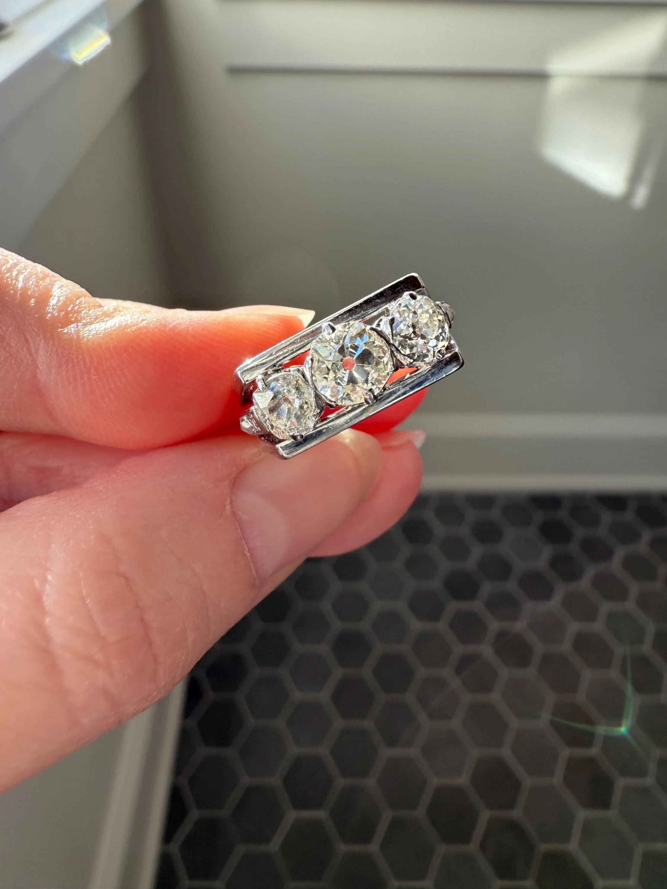 Three Stone Antique 1.75 Carat Old Mine Cut DIAMOND Chunky Tank Geometric Wrap Ring 14k White Gold Platinum Squared Band Stacker - Image 3